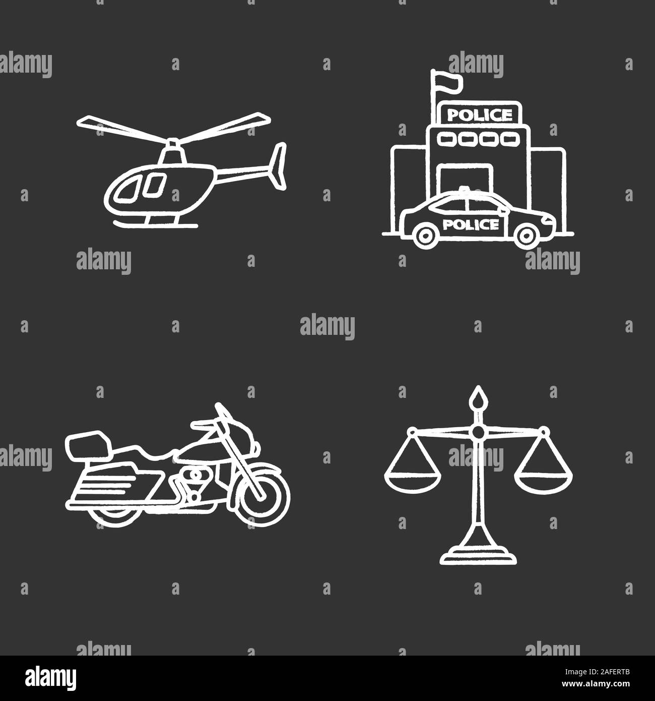 La polizia di chalk set di icone. Elicottero, moto, giustizia scale, stazione di polizia. Vettore isolato illustrazioni della lavagna Illustrazione Vettoriale