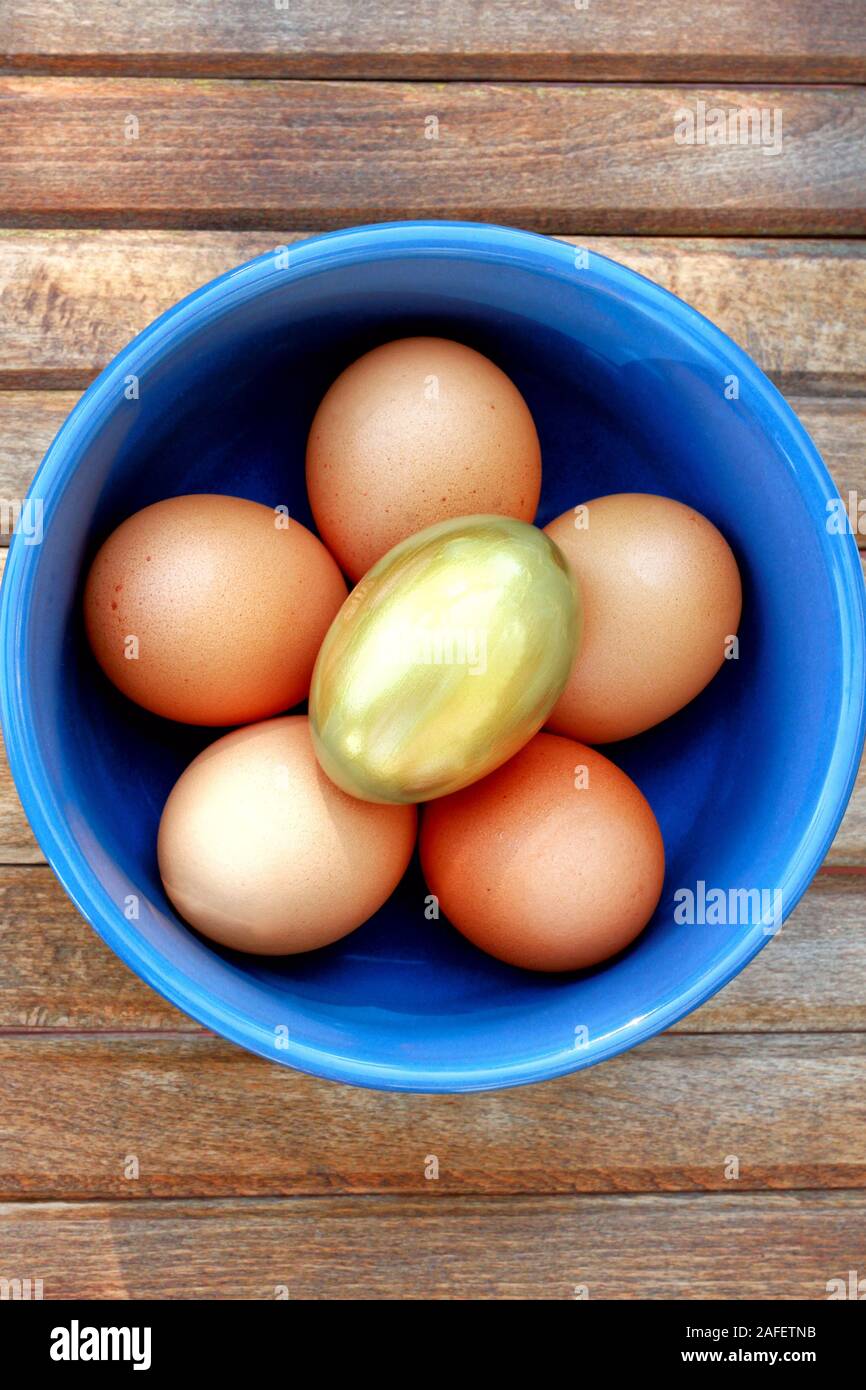 Un vaso blu di uova di colore marrone con un uovo d'oro poggia su assicelle di legno. Foto Stock