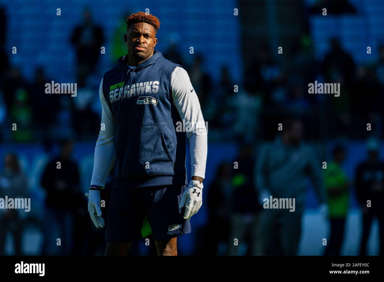 Dicembre 15, 2019: Seattle Seahawks wide receiver D.K. Metcalf (14) durante warmups per la NFL matchup presso la Bank of America Stadium di Charlotte, NC. (Scott Kinser/Cal Sport Media) Foto Stock