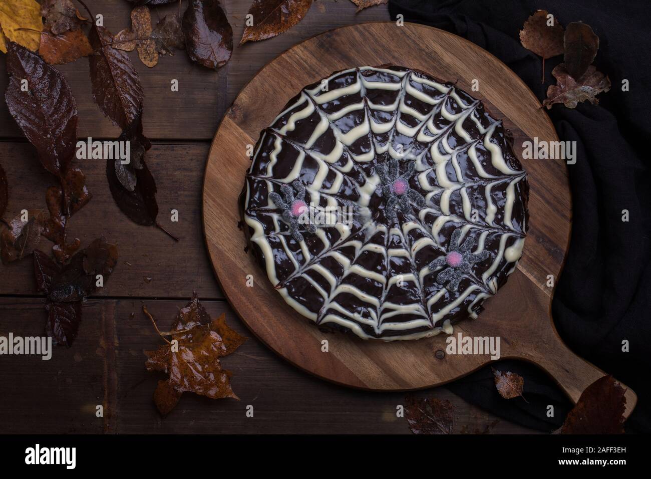 Halloween spiderweb torta fatta di appiccicoso torta al cioccolato Kladdkaka svedese, decorato con il bianco e il cioccolato fondente. La torta è al buio su un tavolo di legno, Foto Stock