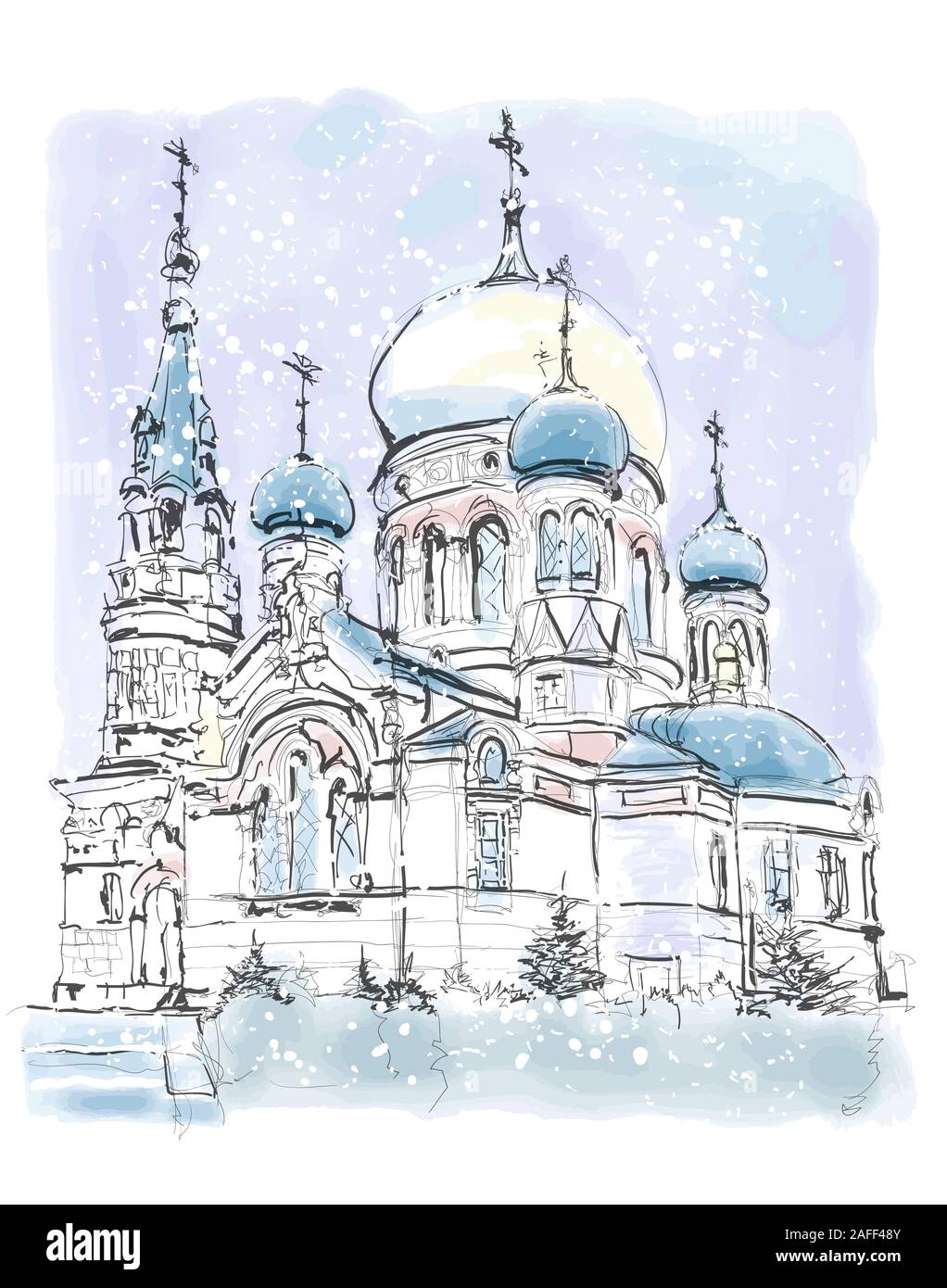 Cattedrale dell Assunzione, Omsk in un freddo inverno. Siberia occidentale la Russia. - Illustrazione Vettoriale (ideale per la stampa su tessuto o carta, poster o di sfondo Illustrazione Vettoriale