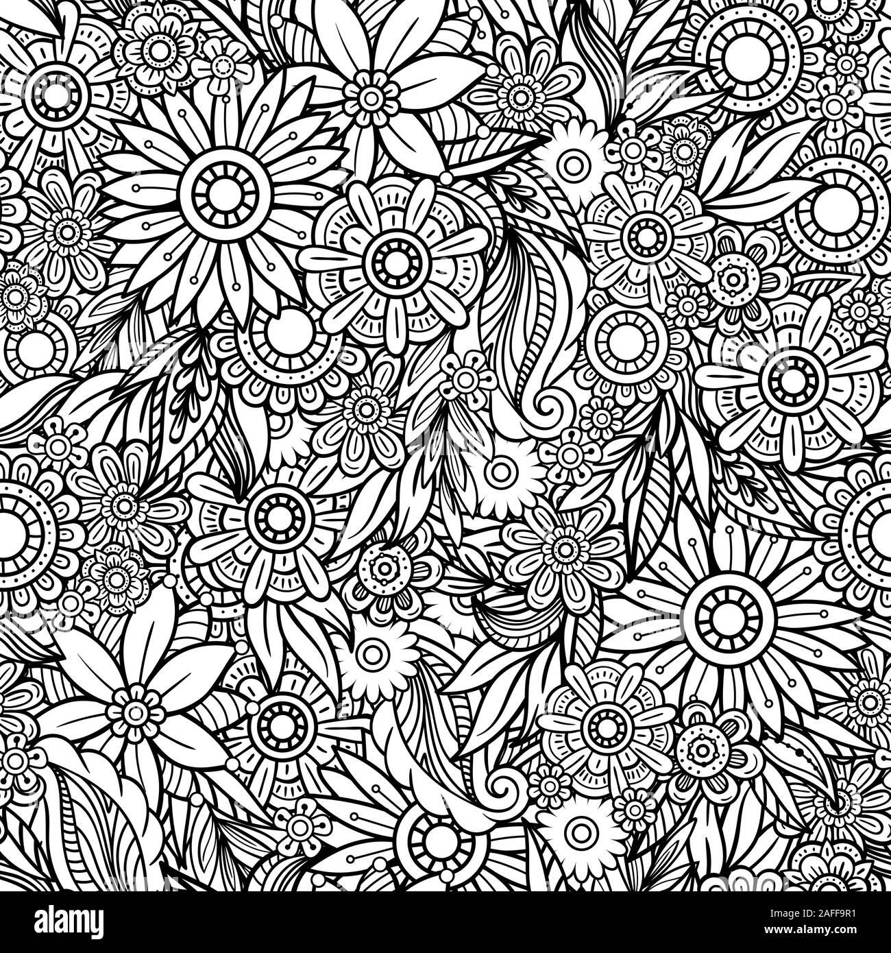 Disegnato a mano modello senza cuciture con foglie e fiori. Scarabocchi ornamento floreale. In bianco e nero di elementi decorativi. Perfetto per la carta da parati, adulti libri da colorare, pagina web background e texture di superficie. Illustrazione Vettoriale