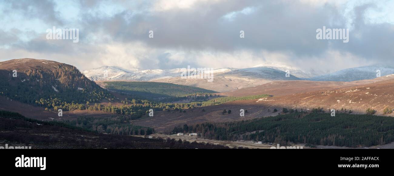 Una vista sulla valle di Dee da Morrone (nr Braemar) verso Creag Bhalg, Linn di Quoich & Carn na Drochaide con montagne innevate come sfondo Foto Stock