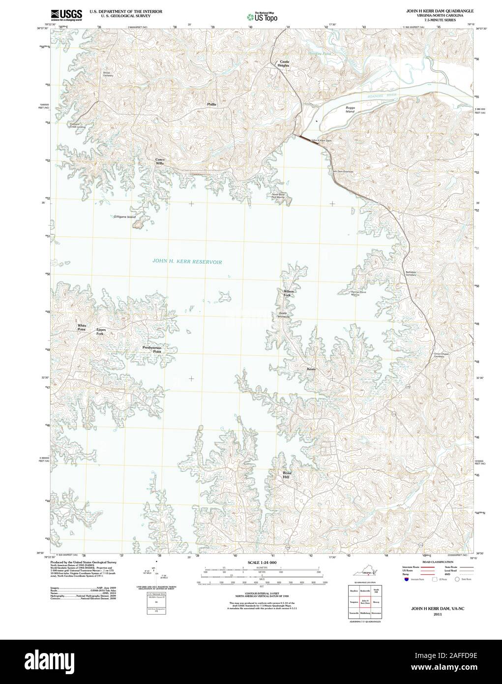 USGS TOPO Map North Carolina VA John H Kerr Dam 20110928 TM il restauro Foto Stock