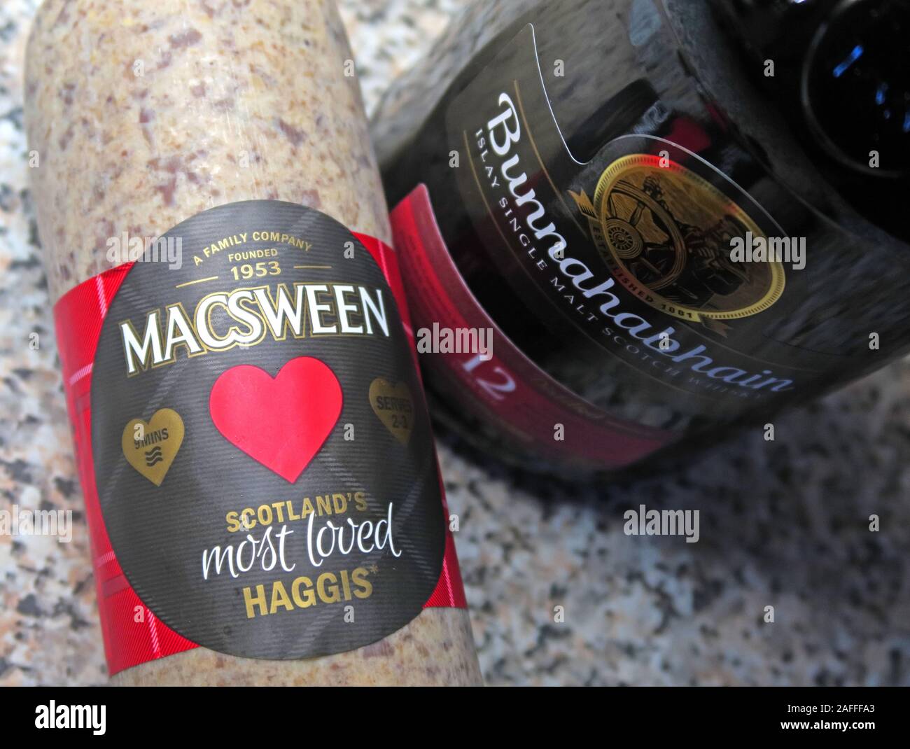 Molto scozzese MacSween Haggis e Bunnahabhain Malt Whisky, per la notte di Rabbie Burns, 25th gennaio Foto Stock