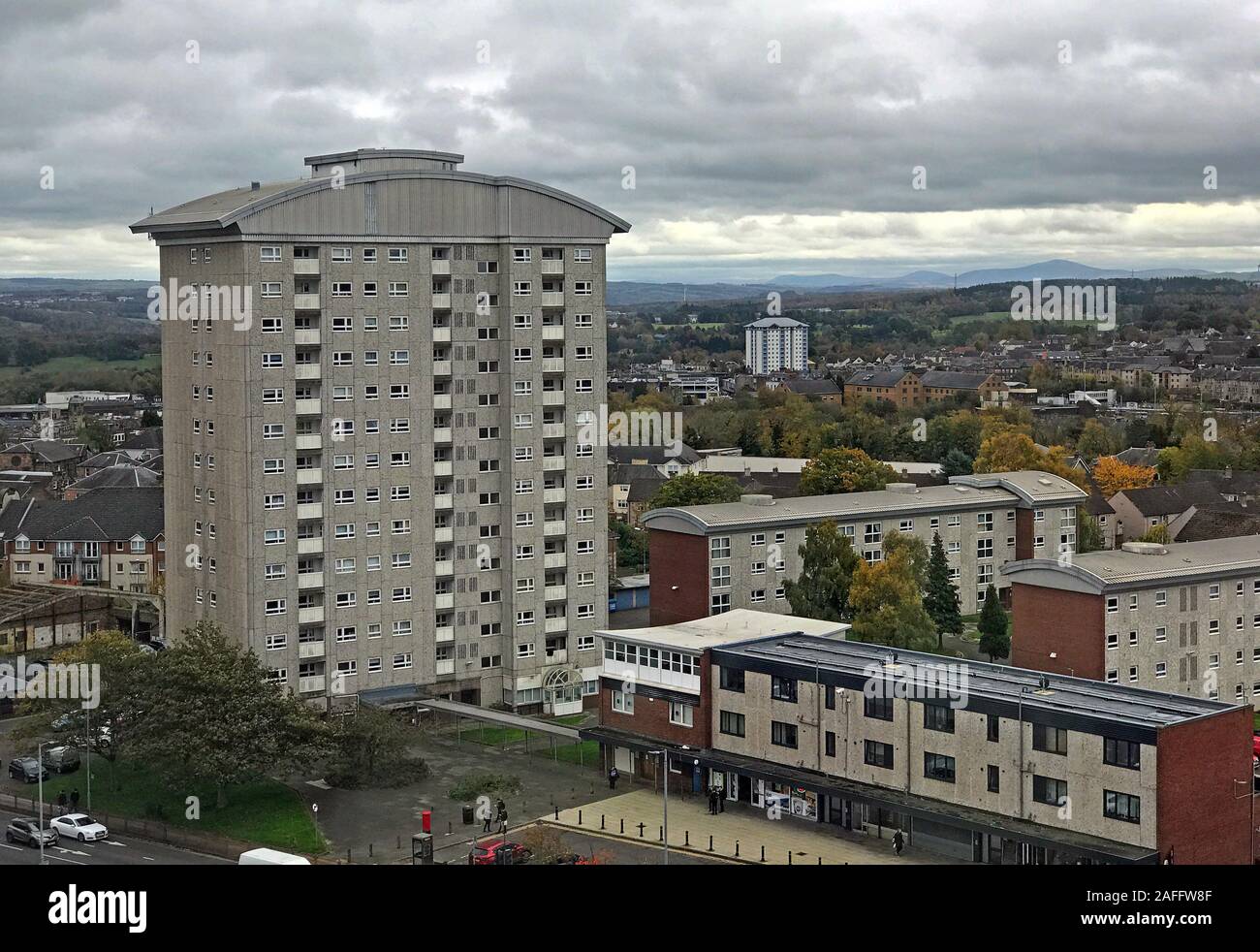 Vista sulla Torre Almada, 67 Almada St, Hamilton West, South Lanarkshire, Scotland, UK, ML3 0HQ Foto Stock