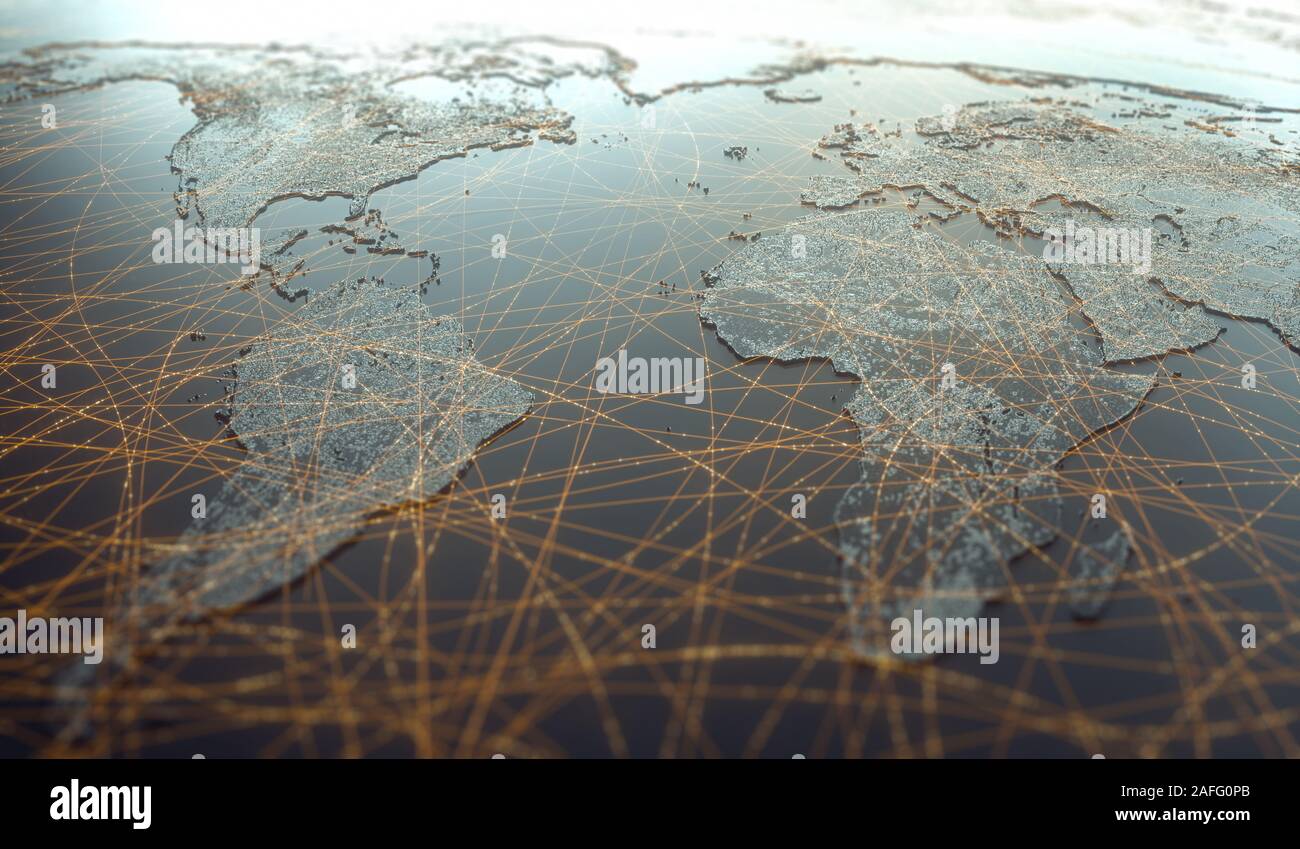 Il mondo globalizzato, il futuro della tecnologia digitale. Collegamenti e il cloud computing nel mondo virtuale. Mappa del mondo con i dati del satellite collegamenti. C Foto Stock