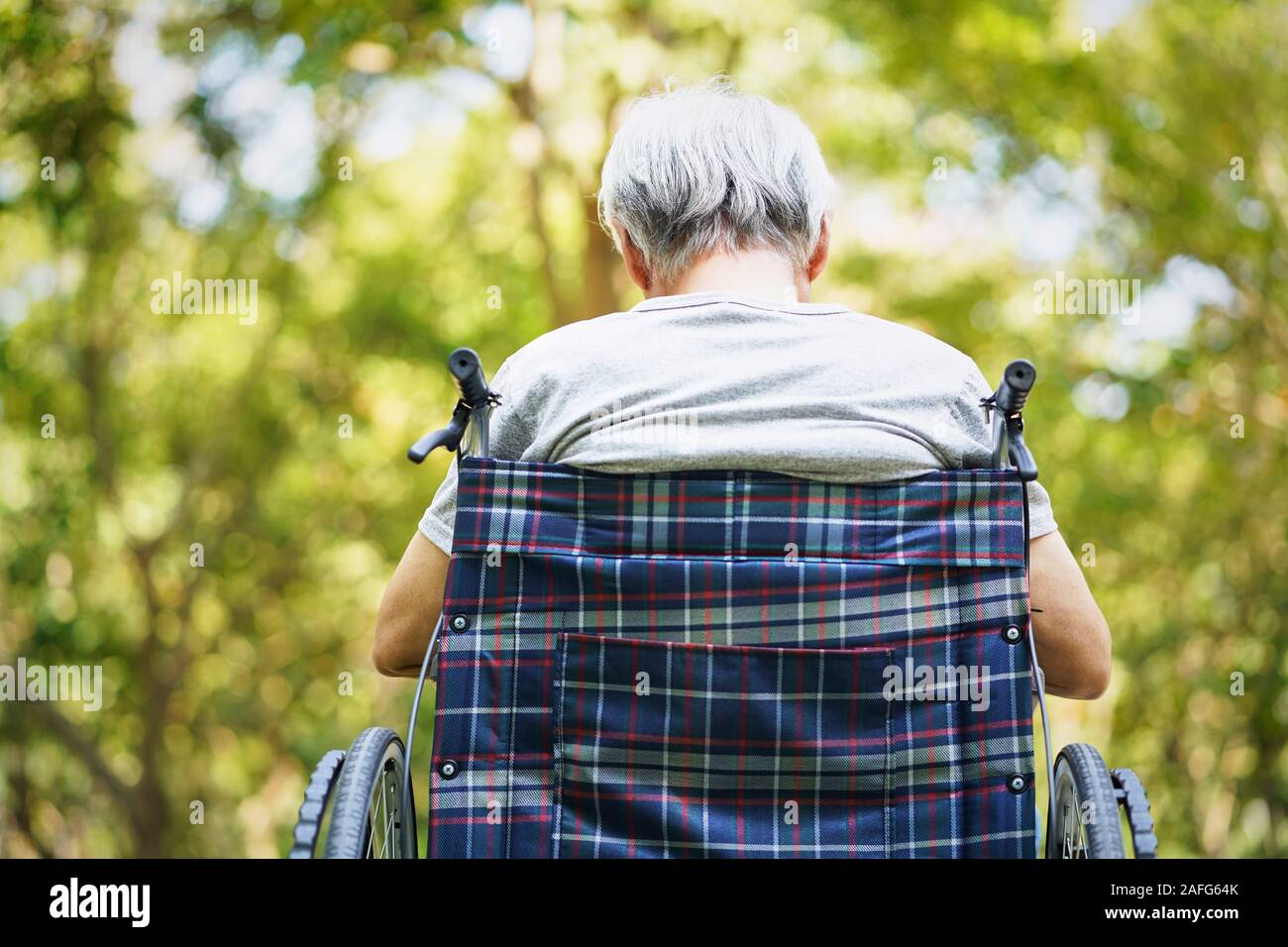 Vista posteriore di asian vecchio seduto all'esterno in sedia a rotelle, a testa in giù Foto Stock