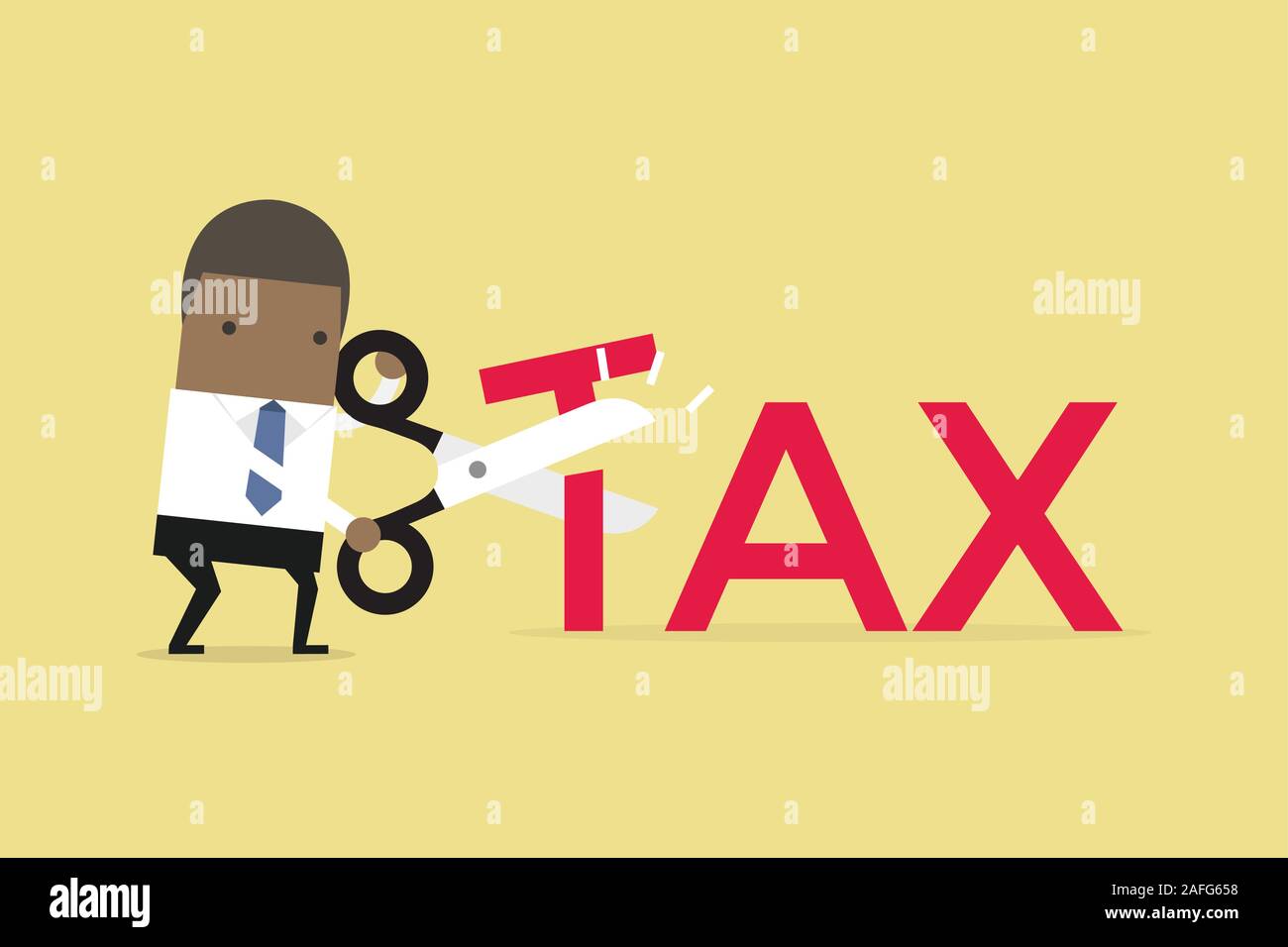 Imprenditore africano con taglio a forbice grande lettera T illustrazione vettoriale. Riduzione delle imposte la concezione di business. Illustrazione Vettoriale