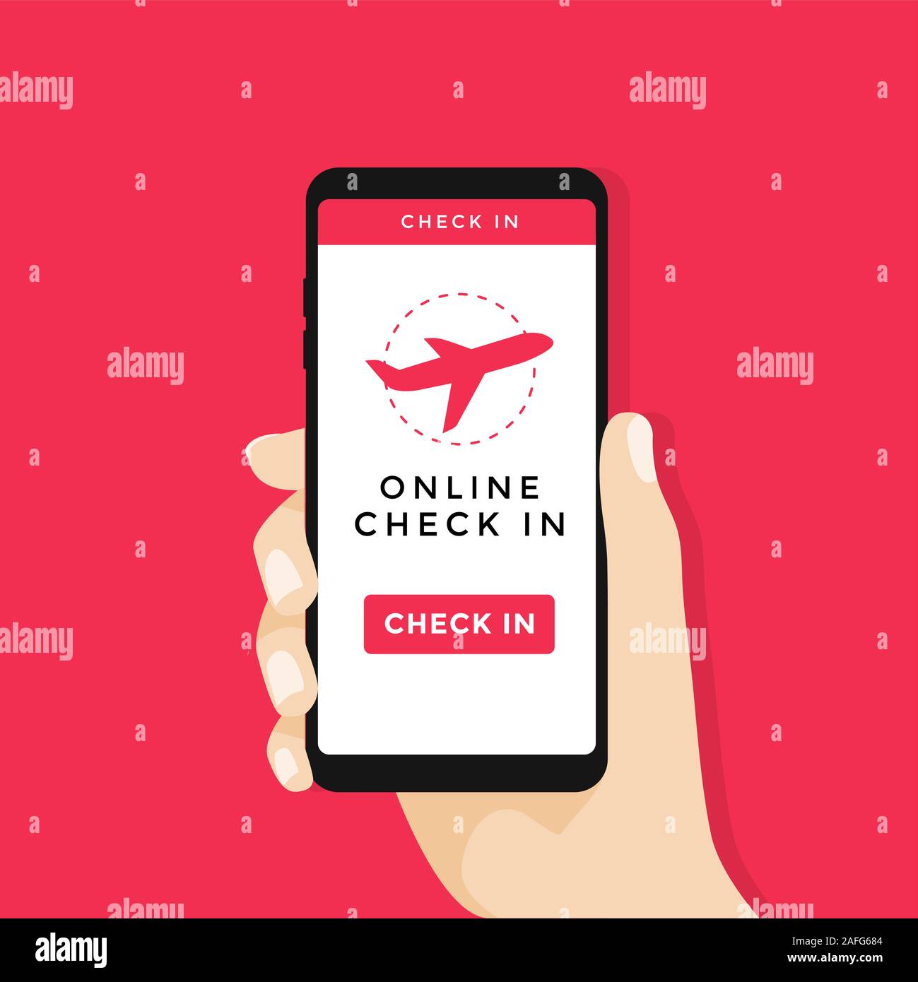 Mano azienda smartphone online con il pulsante check in e aereo icona sulla schermata. vettore Illustrazione Vettoriale