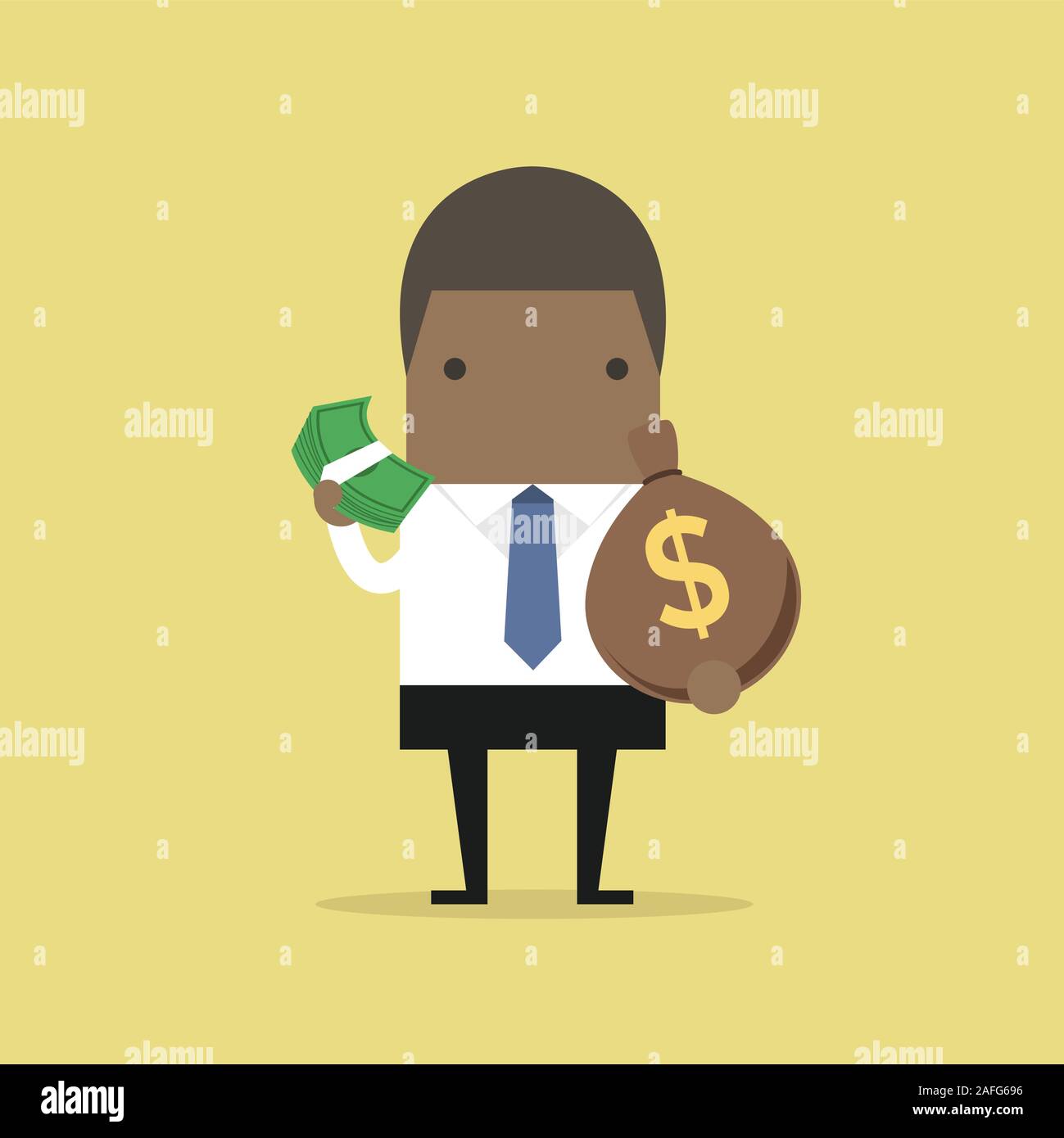 Imprenditore africano tiene in mano il denaro. Vettore Illustrazione Vettoriale