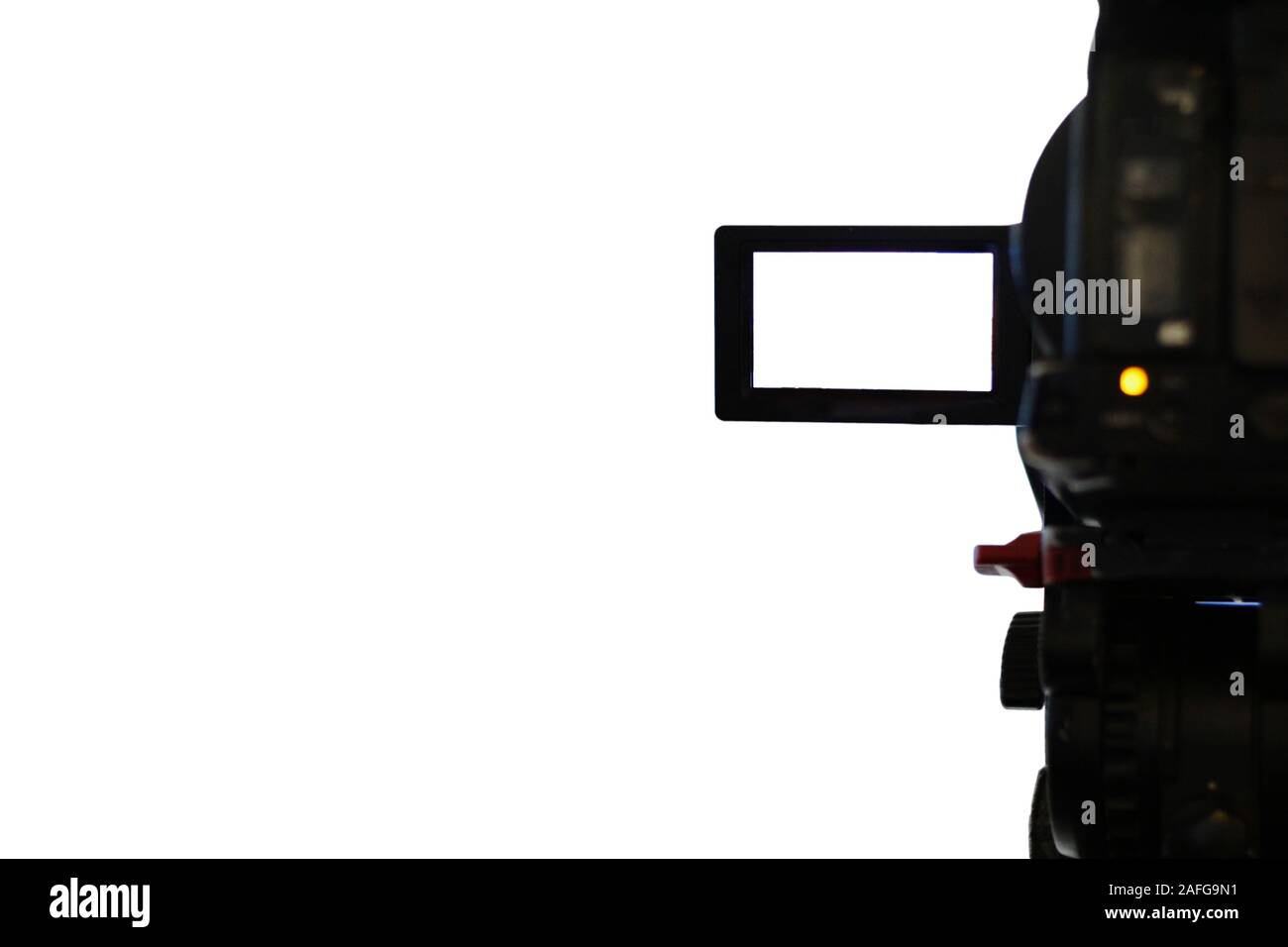 Isolato bianco fotocamera registrazione video. Bianco display isolato e sfondo per facile modificare il vostro lavoro. Ufficiale o premere intervista concetto. Foto Stock