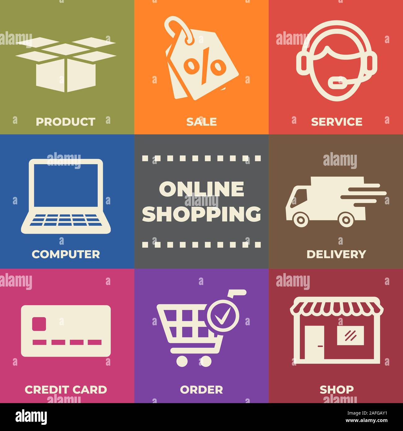 SHOPPING ONLINE concetto con icone e indicazioni Illustrazione Vettoriale