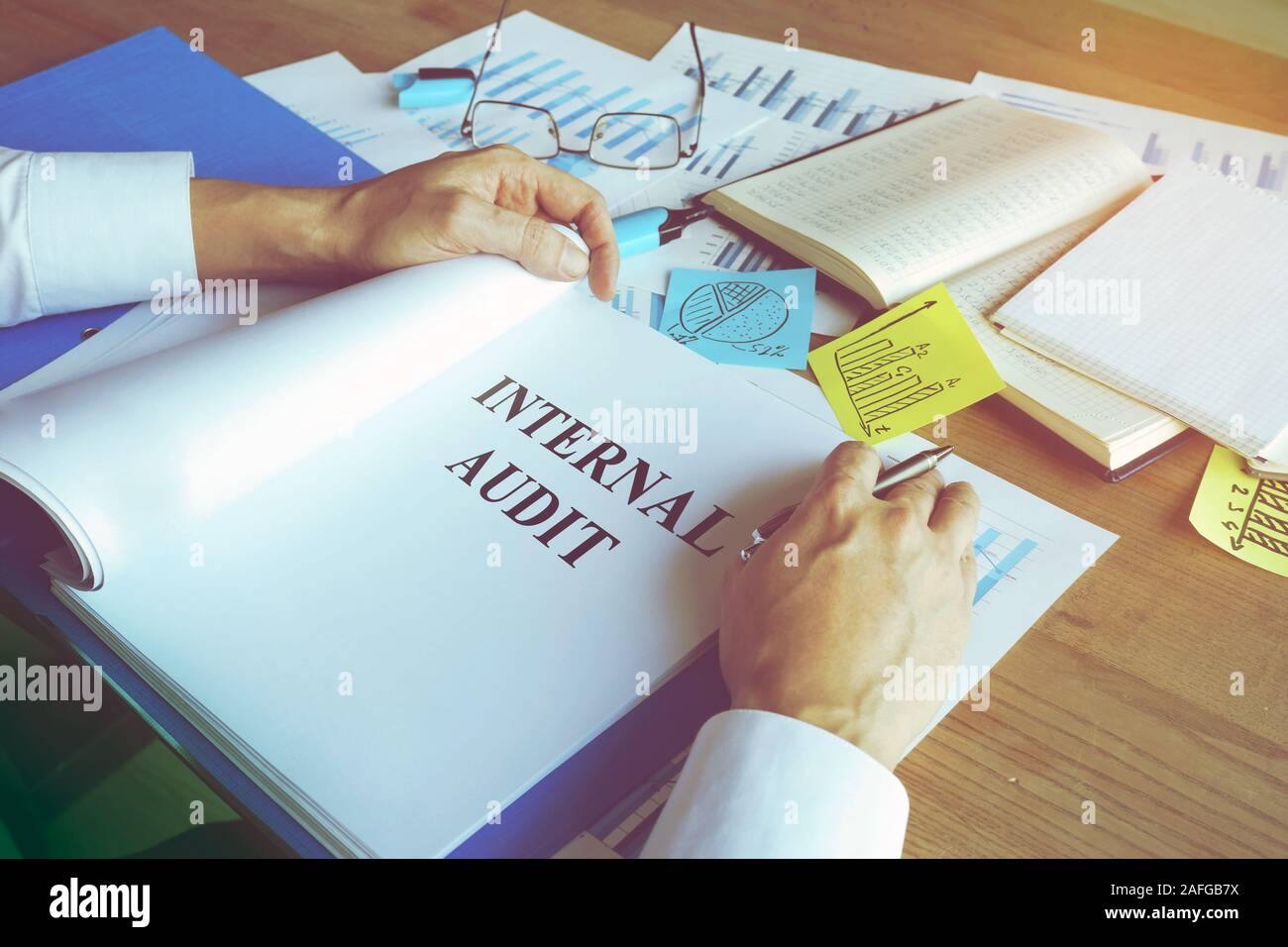 Imprenditore legge relazione di audit interno nella cartella. Foto Stock