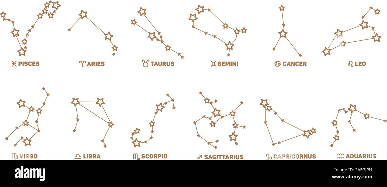 Set di vettore di segni zodiacali, stelle, costellazioni colore oro su sfondo bianco. Logo tatuaggio o illustrazione. Previsioni astrologiche, oroscopo Illustrazione Vettoriale