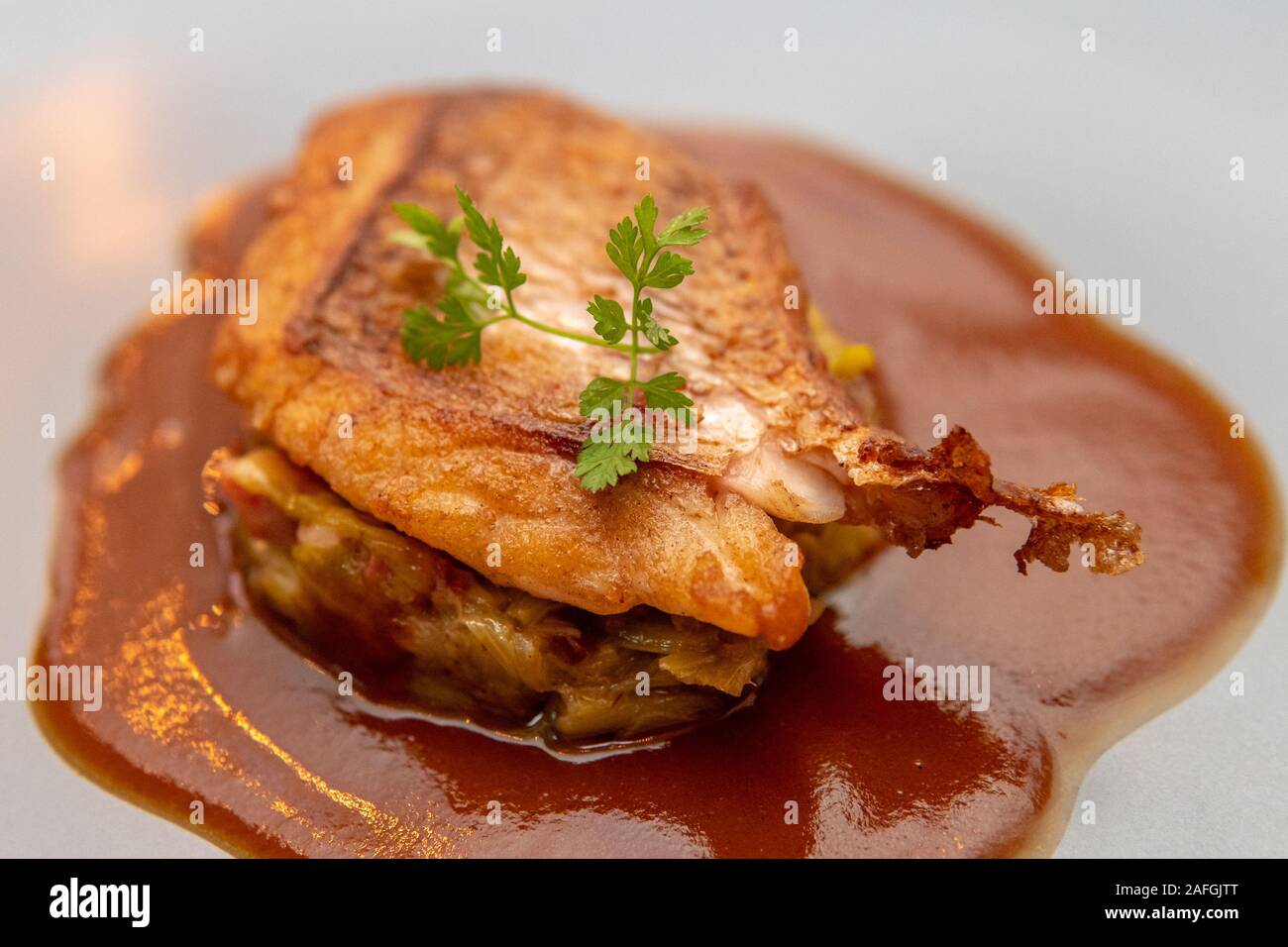Filetto di pesce con erba verde e salsa rossa al ristorante francese Foto Stock