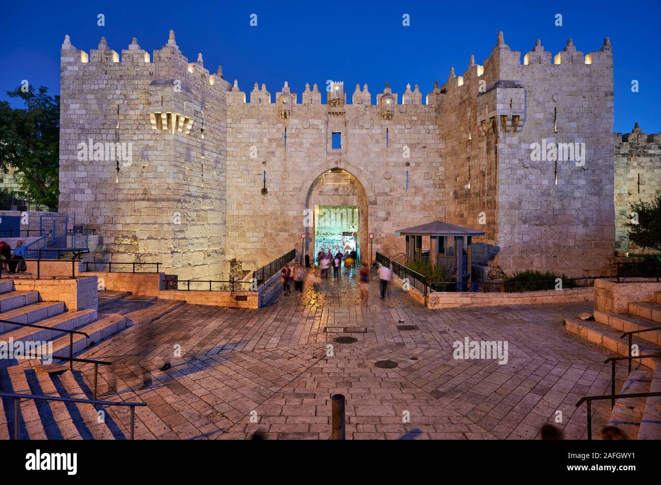 Gerusalemme in Israele. Porta di Damasco al tramonto Foto Stock