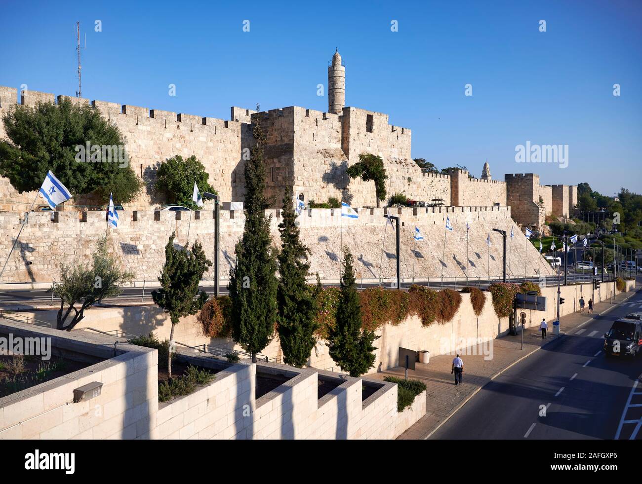 Gerusalemme in Israele. Le mura della città vecchia a Porta di Jaffa Foto Stock