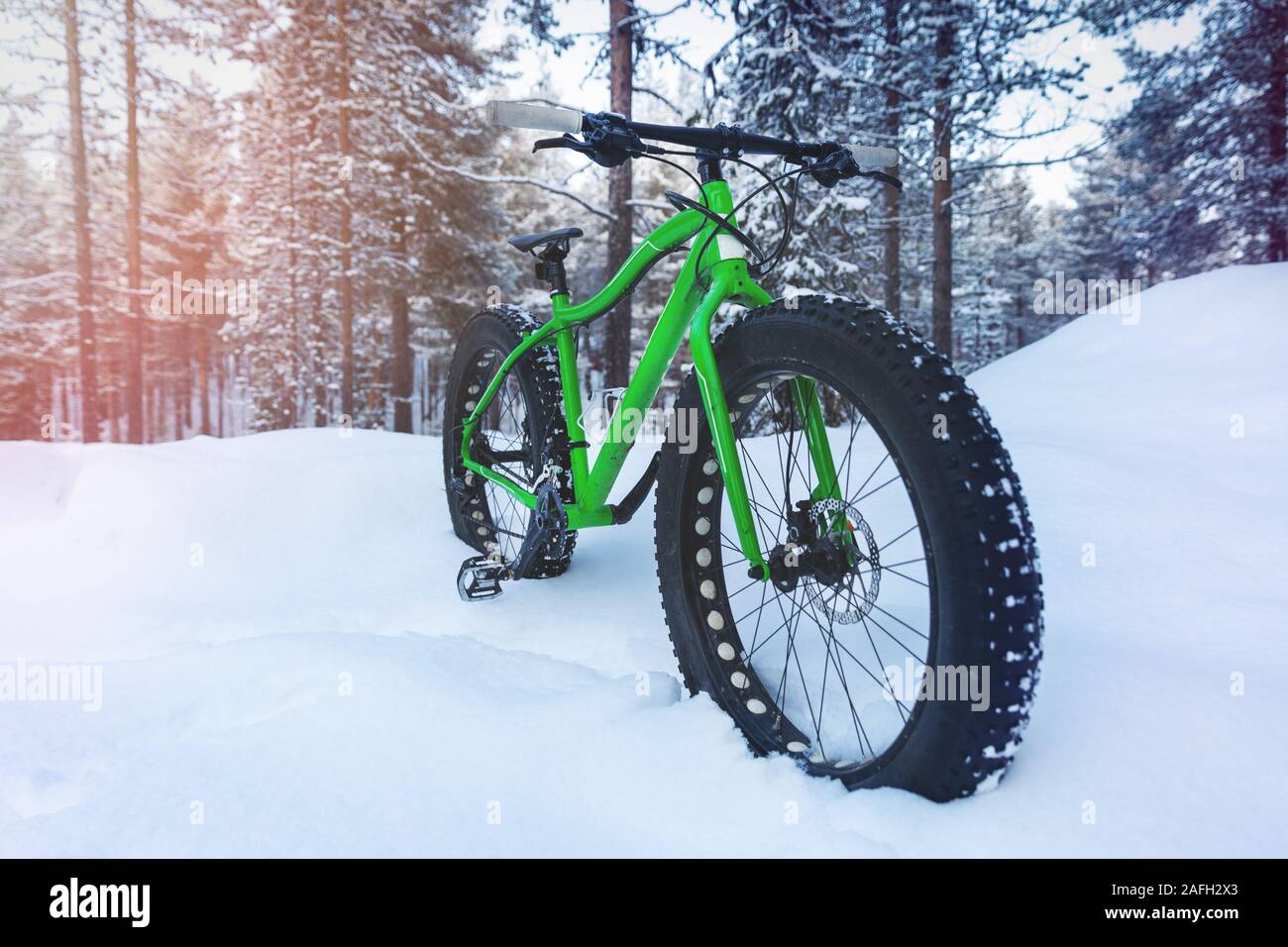 Avventure outdoor - fat bike in piedi nella neve nel bosco innevato Foto Stock