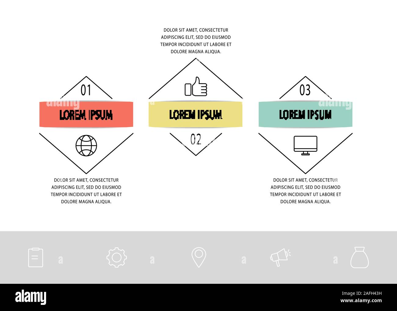 Infografico vettore modello piano. Triangolo con frecce per tre diagrammi, grafico, diagramma di flusso, passo per passo, timeline presentazione. Il concetto di business Illustrazione Vettoriale