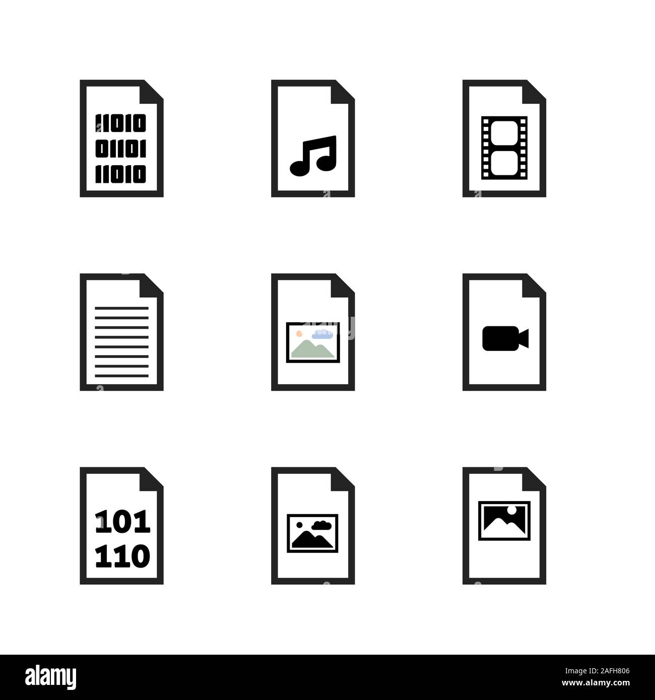 Formato file icona set - icone per binario, documenti, immagini, video e file audio. Illustrazione Vettoriale