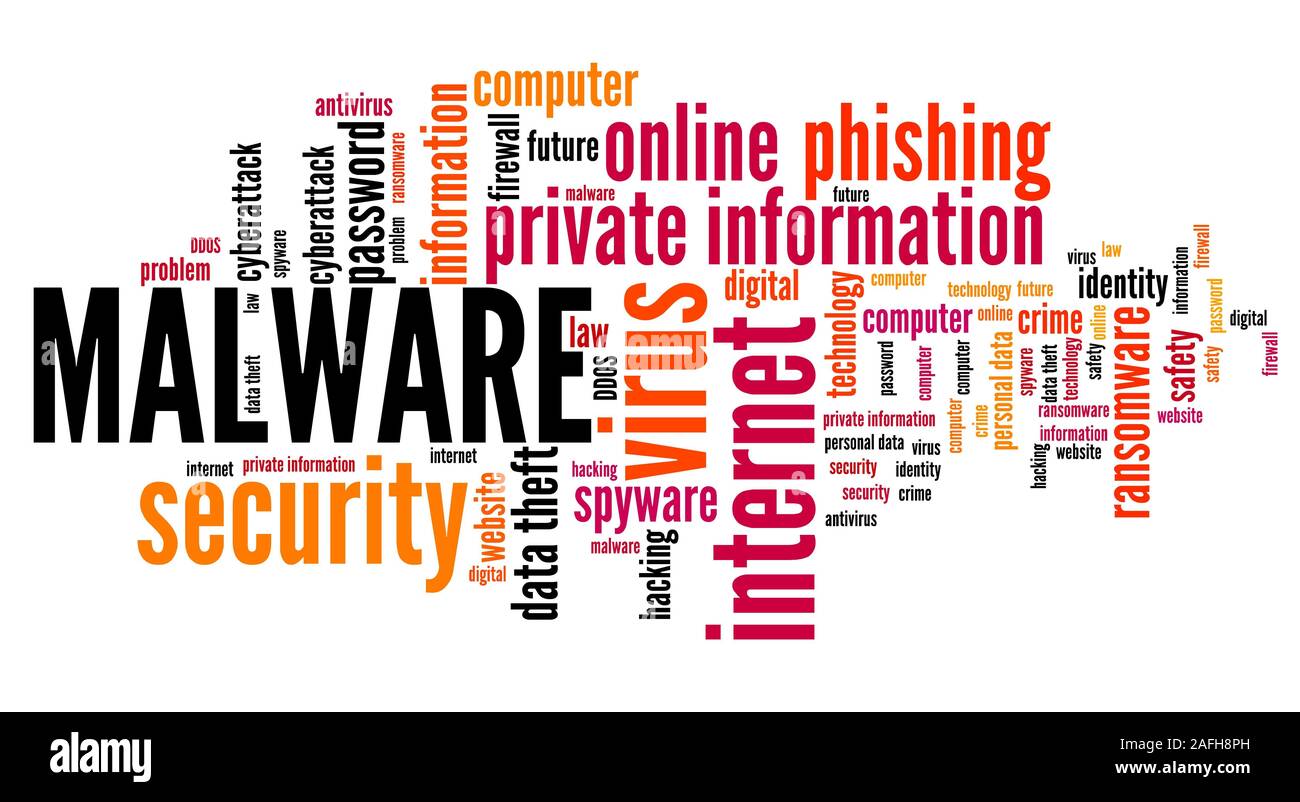 Virus Malware software - computer compromesso il concetto di sicurezza. Word cloud. Foto Stock