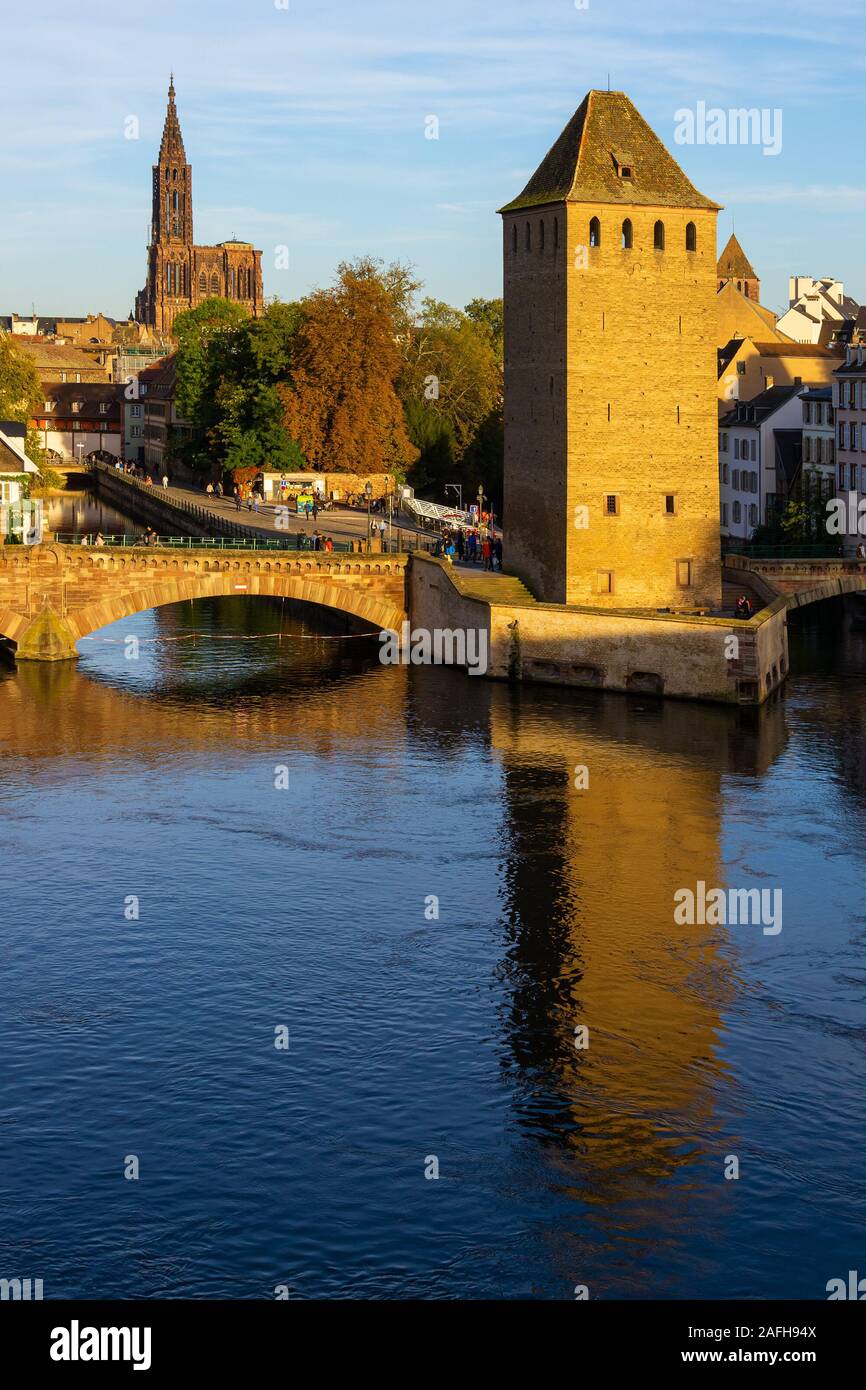 Strasburgo iconico cityscape. Petite France storico quartiere medievale con il fiume Ill e la cattedrale in background. Verticale. Foto Stock