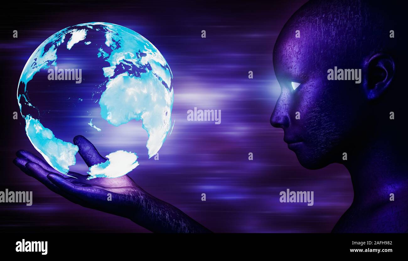Alien, android, cyborg umanoide guardando un Blu olografico pianeta Terra che fluttua sopra la sua mano. Blu e i colori a raggi ultravioletti. Sci-fi, futuristico, scie Foto Stock