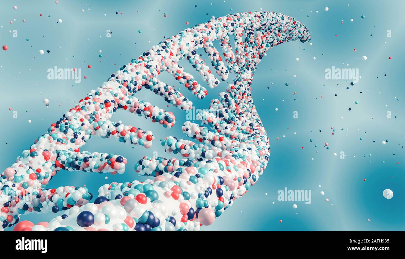 Filamenti di DNA a doppia elica close-up e particelle colorate su sfondo blu e copia di spazio. Medical, biologia, microbiologia, genetics 3D render illustr Foto Stock