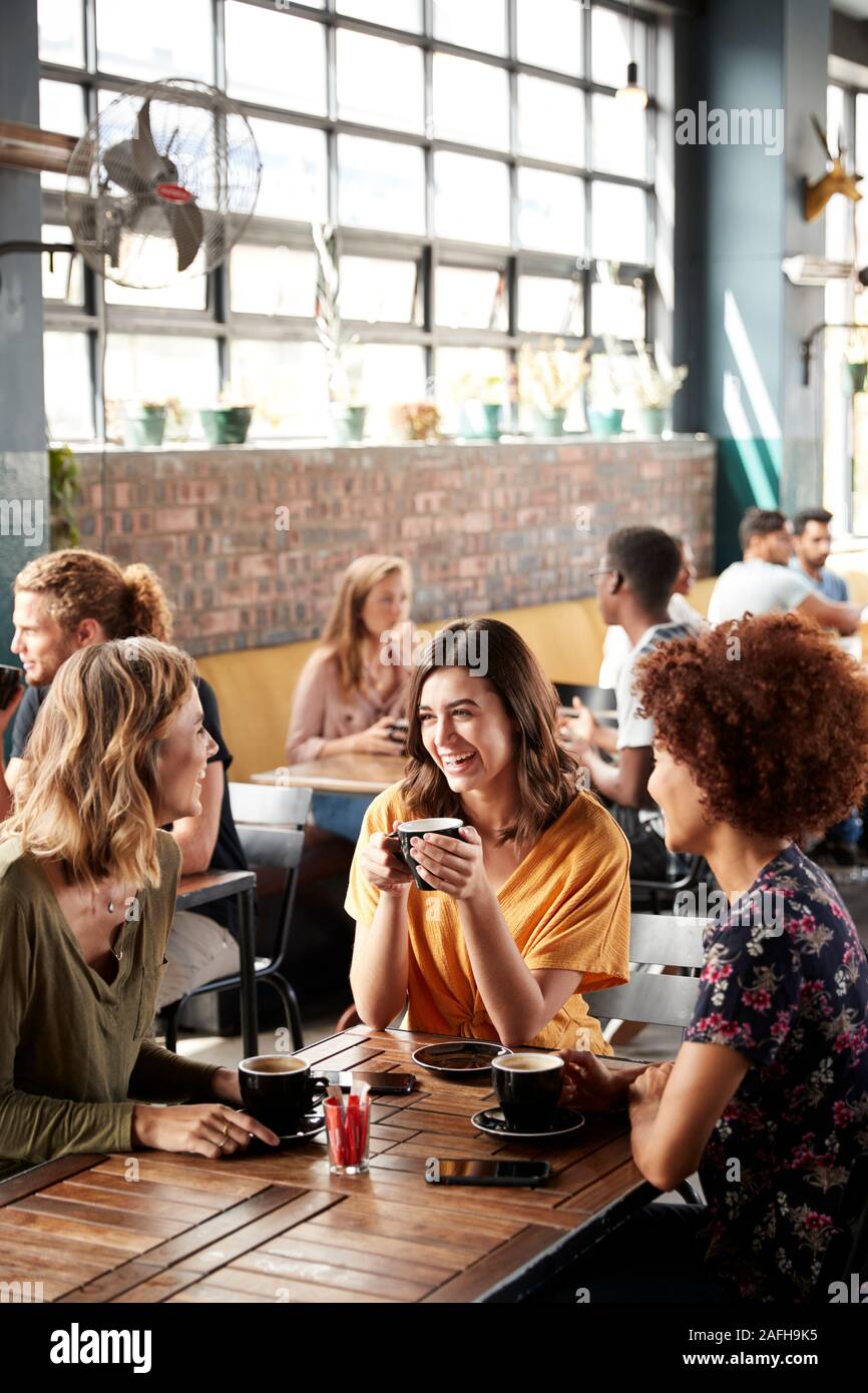Tre giovani femmine riunione amici siedono al tavolo in un Coffee Shop e parlare Foto Stock