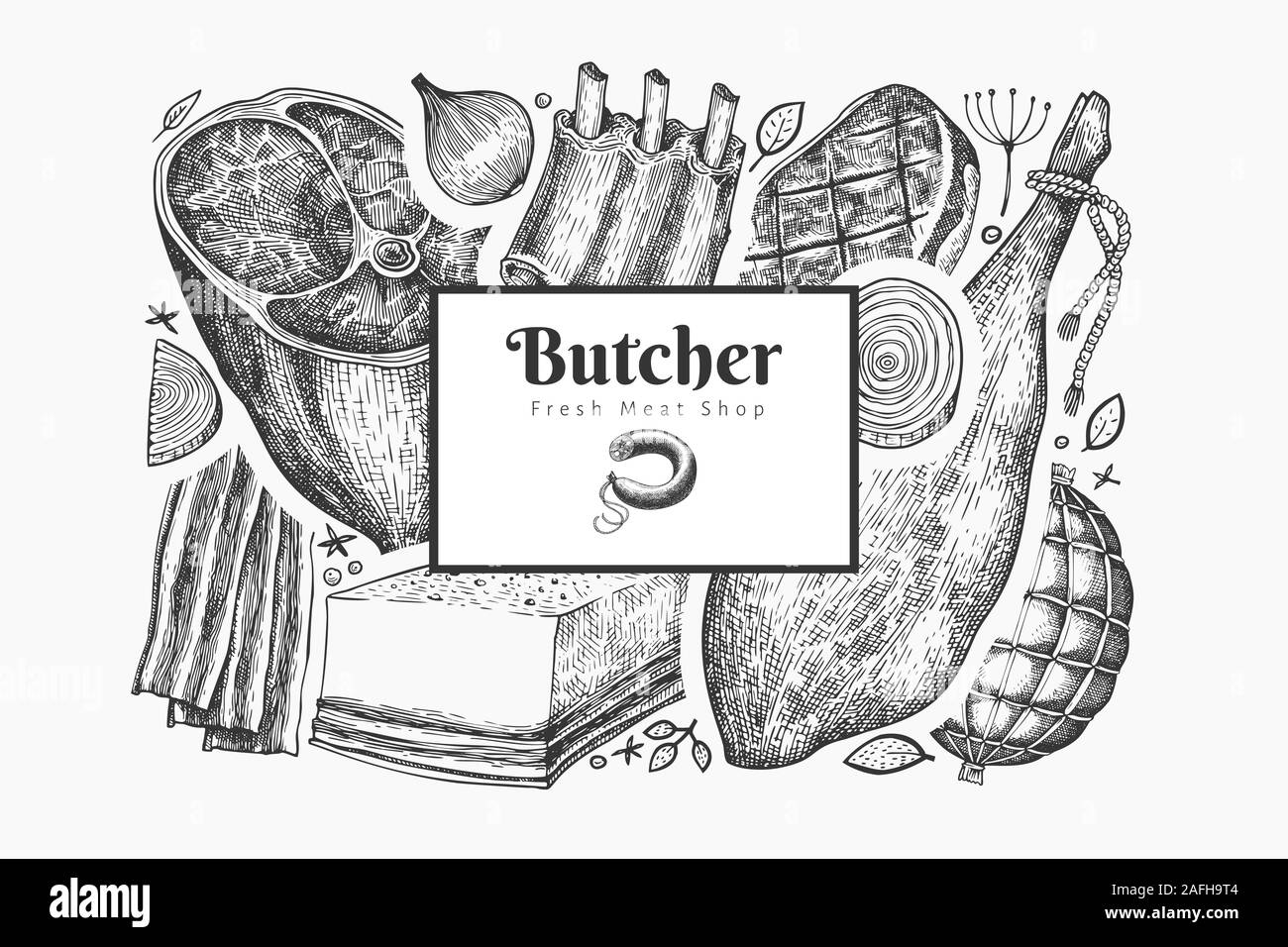 Vettore retrò di prodotti a base di carne Design modello. Disegnata a mano il prosciutto cotto, prosciutto, pancetta, grasso, nervature, bistecca, spezie e erbe aromatiche. Illustrazione vintage. Illustrazione Vettoriale
