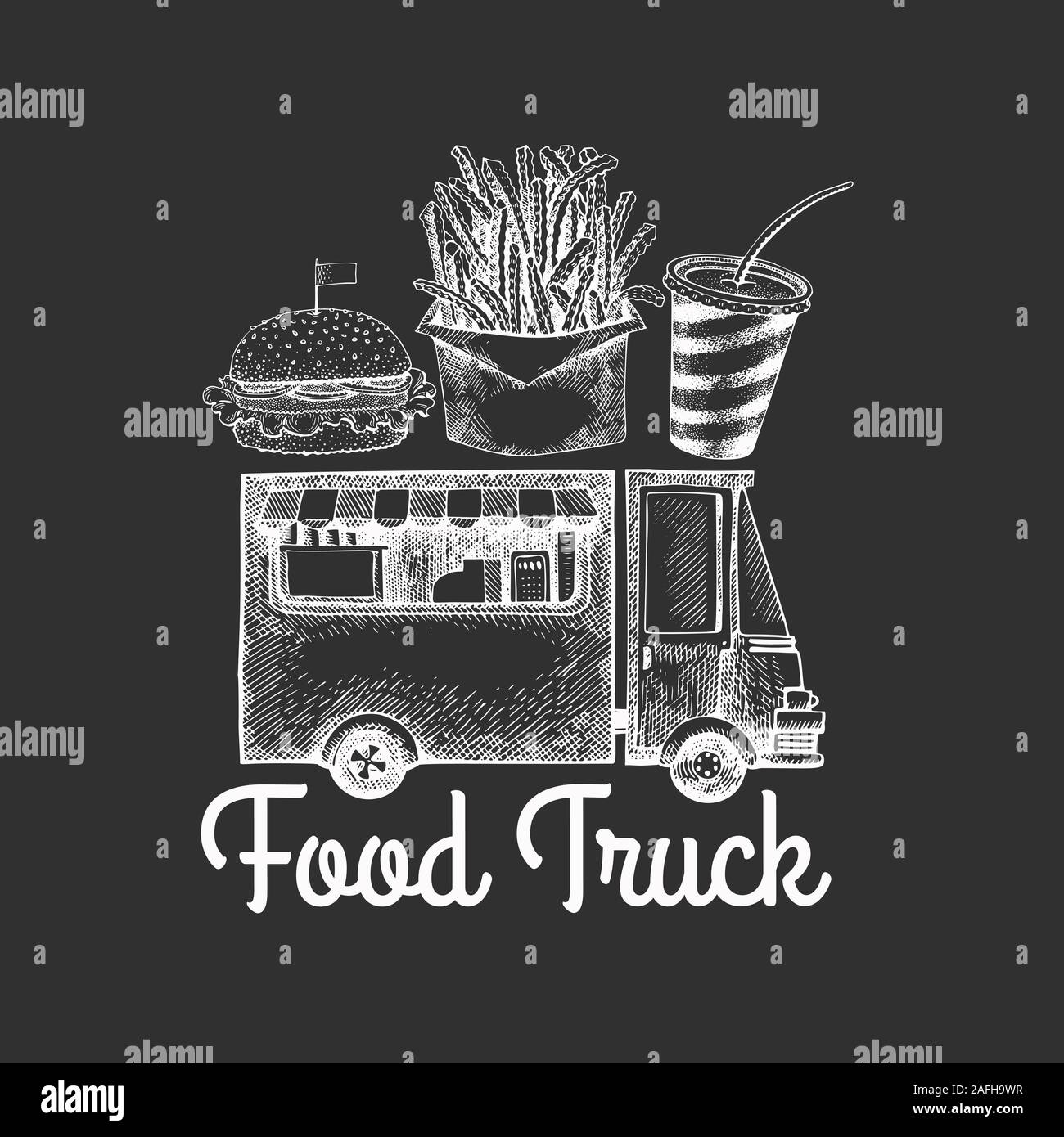 Cucina di strada van modello logo. Disegnato a mano carrello vettore con fast food illustrazione a Chalk board. Stile inciso design vintage. Illustrazione Vettoriale