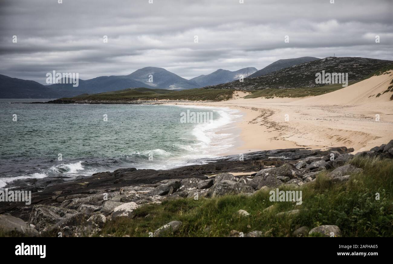 Spiaggia di Borve (Traigh Mhor) sulla costa atlantica dell'Isola di Harris, Ebridi Esterne, Scozia Foto Stock
