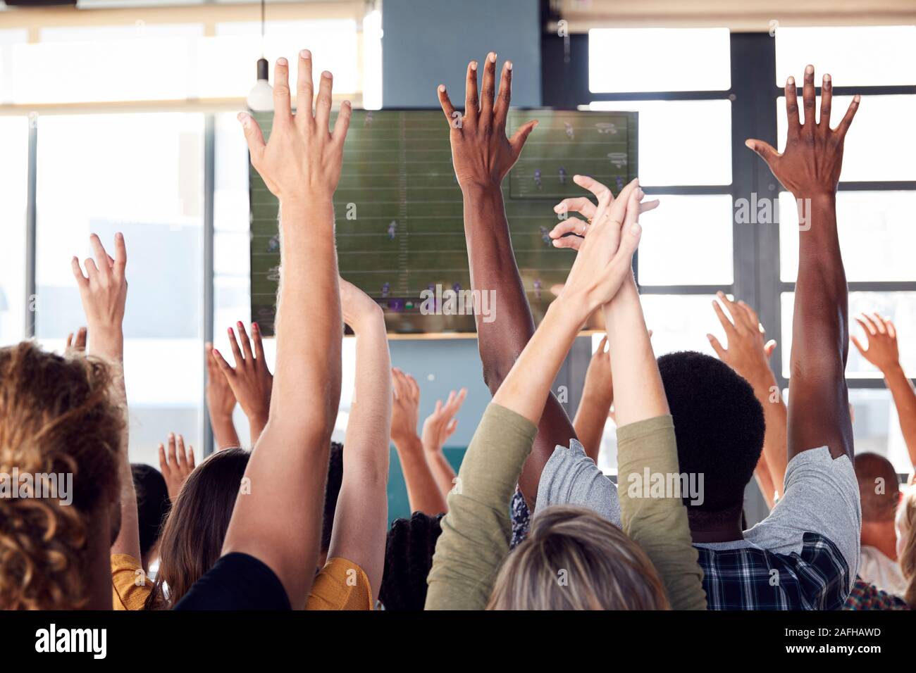 Vista posteriore del maschio e femmina celebra gli amici mentre si guarda la partita sullo schermo in Sports Bar Foto Stock Vista posteriore del maschio e femmina celebra gli amici mentre si guarda la partita sullo schermo in Sports Bar Foto Stock