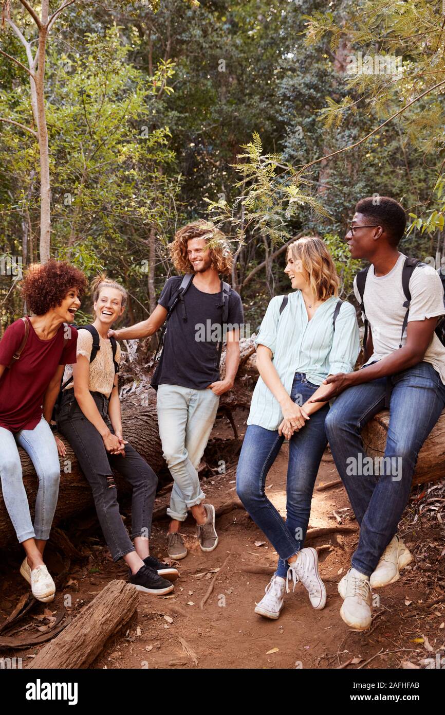 Giovani amici adulti escursionismo in una foresta in appoggio su un albero caduto a piena lunghezza, verticale Foto Stock
