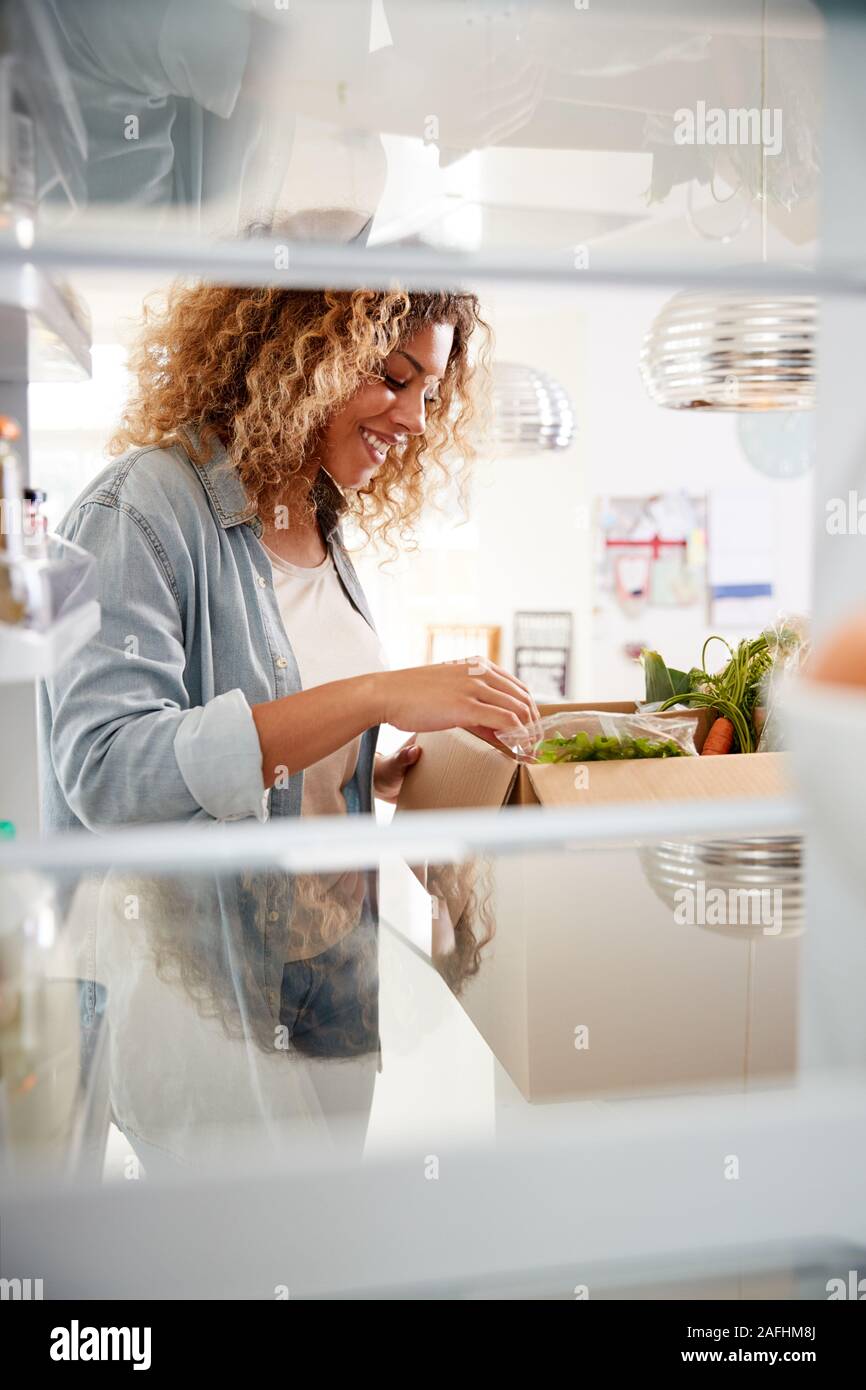 Vista dall'interno del frigorifero come donna spacchetta Online Home Consegna del cibo Foto Stock