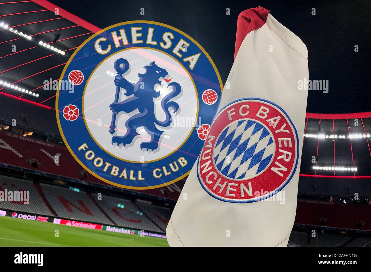 FC Bayern Monaco incontrano Chelsea Archivesfoot in Champions League round di 16; soggetti periferici, funzione. Bandiera con FC Bayern emblema del club, club stemma di fronte a un vuoto stadio. Soccer 1.Bundesliga, XV Giornata giornata15, FC Bayern Monaco di Baviera (M) - SV Werder Bremen (HB) 6-1, su dicembre 14th, 2019 in Muenchen ALLIANZARENA, DFL REGOLAMENTI VIETANO QUALSIASI USO DI FOTOGRAFIE come sequenze di immagini e/o quasi-VIDEO. € | Utilizzo di tutto il mondo Foto Stock