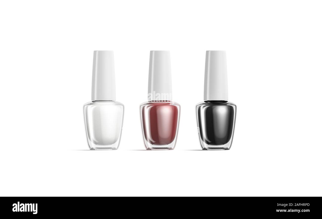 Bottiglia trasparente vuota con smalto nero, bianco, rosso per unghie Foto Stock