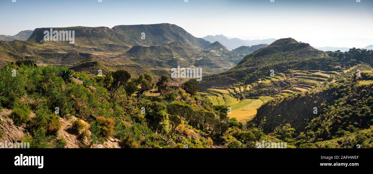 Etiopia, Tigray, K'Eyih, a schiera campi agricoli nel paesaggio spettacolare al tempo del raccolto, panoramica Foto Stock