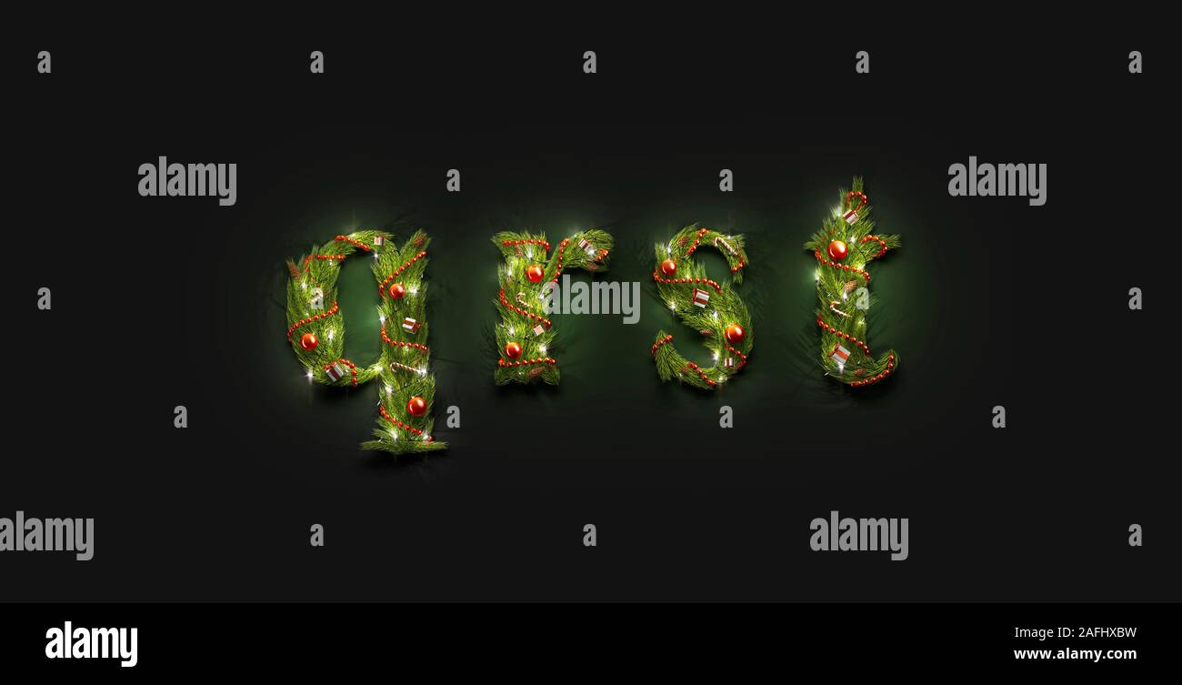 Decorativo q r s t minuscola xmas lettera mockup buio Foto Stock