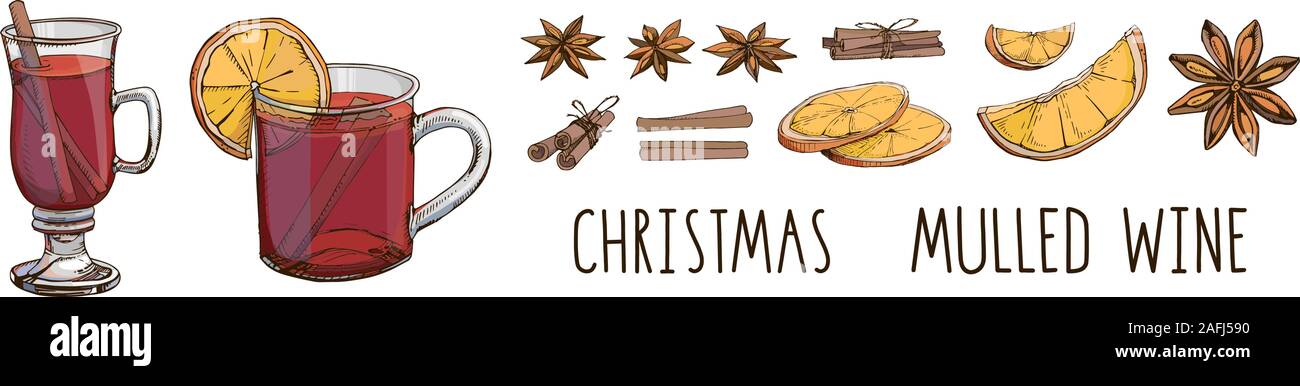 Vin brulé con spezie e fettine di arancia. Set di colorate immagini vettoriali e lettering moderno isolato su bianco. L'inverno. Popolare bevanda di Natale. Illustrazione Vettoriale