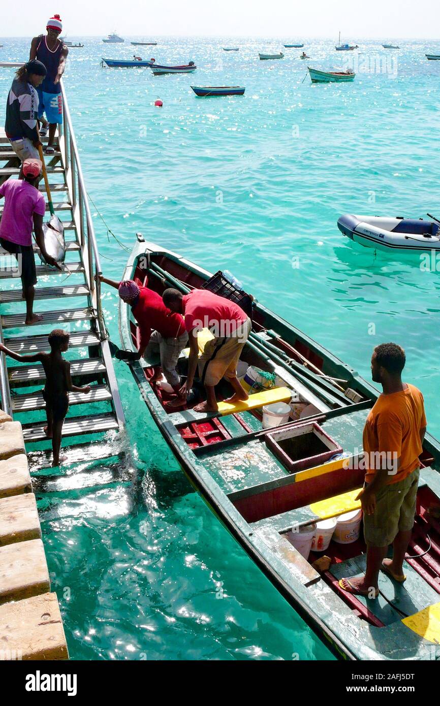Santa Maria, Sal /Isole di Capo Verde - 19. Novembre, 2015: i pescatori africani di ritorno con la cattura di tonno fresco alla porta sul Capo Verde Isola di S Foto Stock