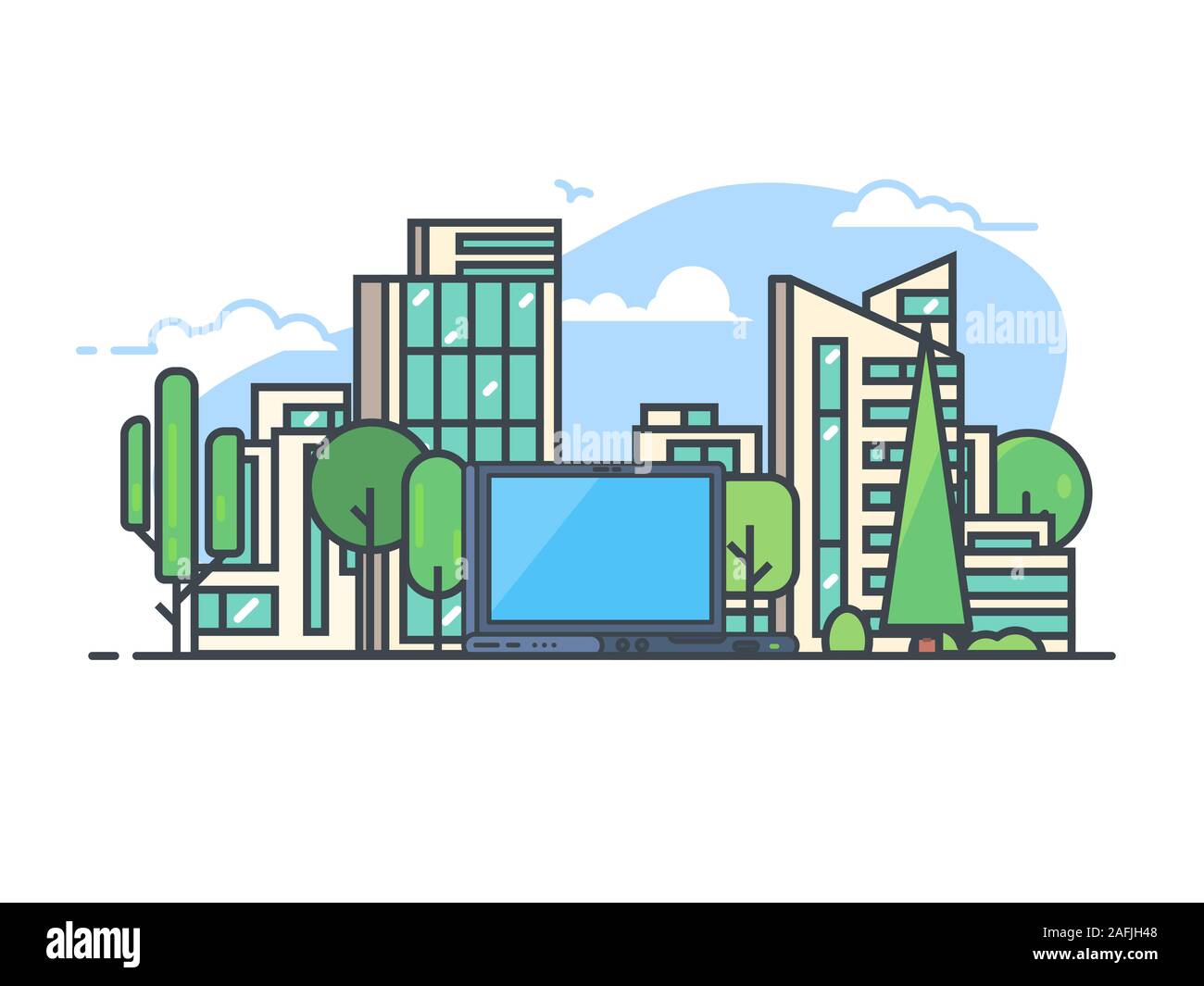 Città moderna con nuove case, big laptop, che rappresenta i dati e digitali moderni di informazione urbana. Edifici e natura parco con alberi secolari. Smart e cifre Illustrazione Vettoriale