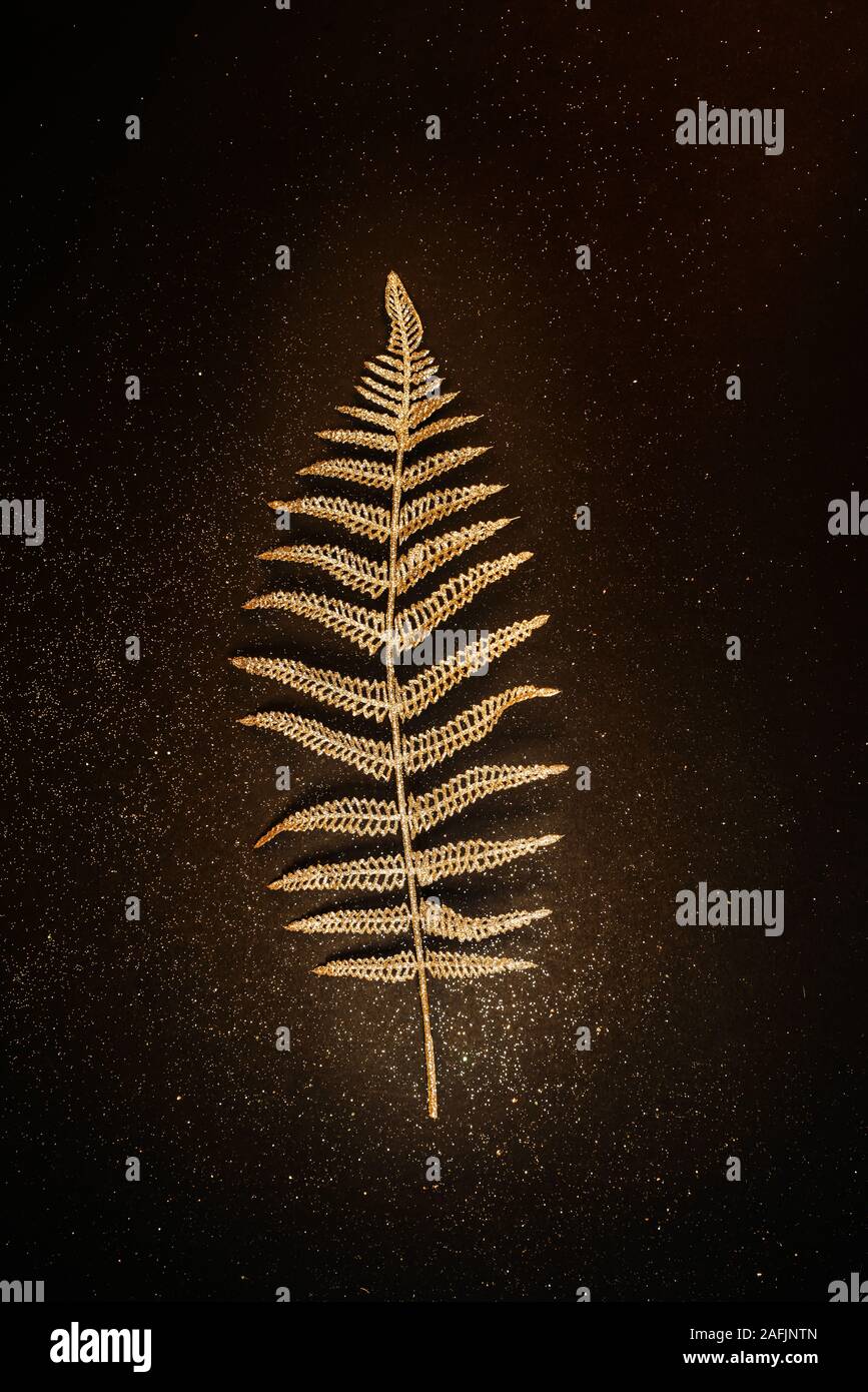 Shiny golden fern ramo su sfondo nero con brillantini. Decorazione di natale Foto Stock