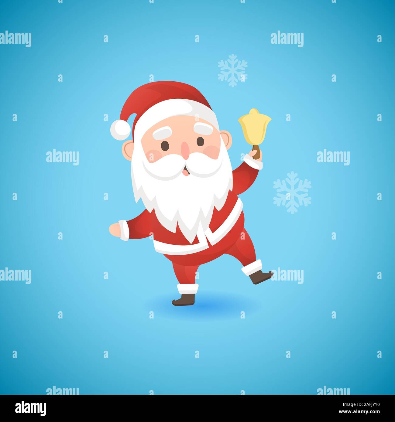 Natale divertente Santa Claus holding campana d'oro, illustrazione vettoriale. Illustrazione Vettoriale