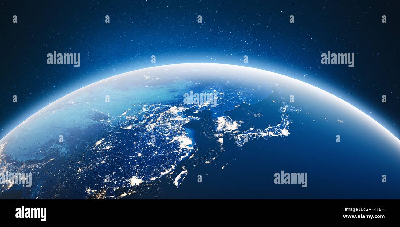 Luci della città dell'Asia orientale. Gli elementi di questa immagine fornita dalla NASA. Il rendering 3D Foto Stock