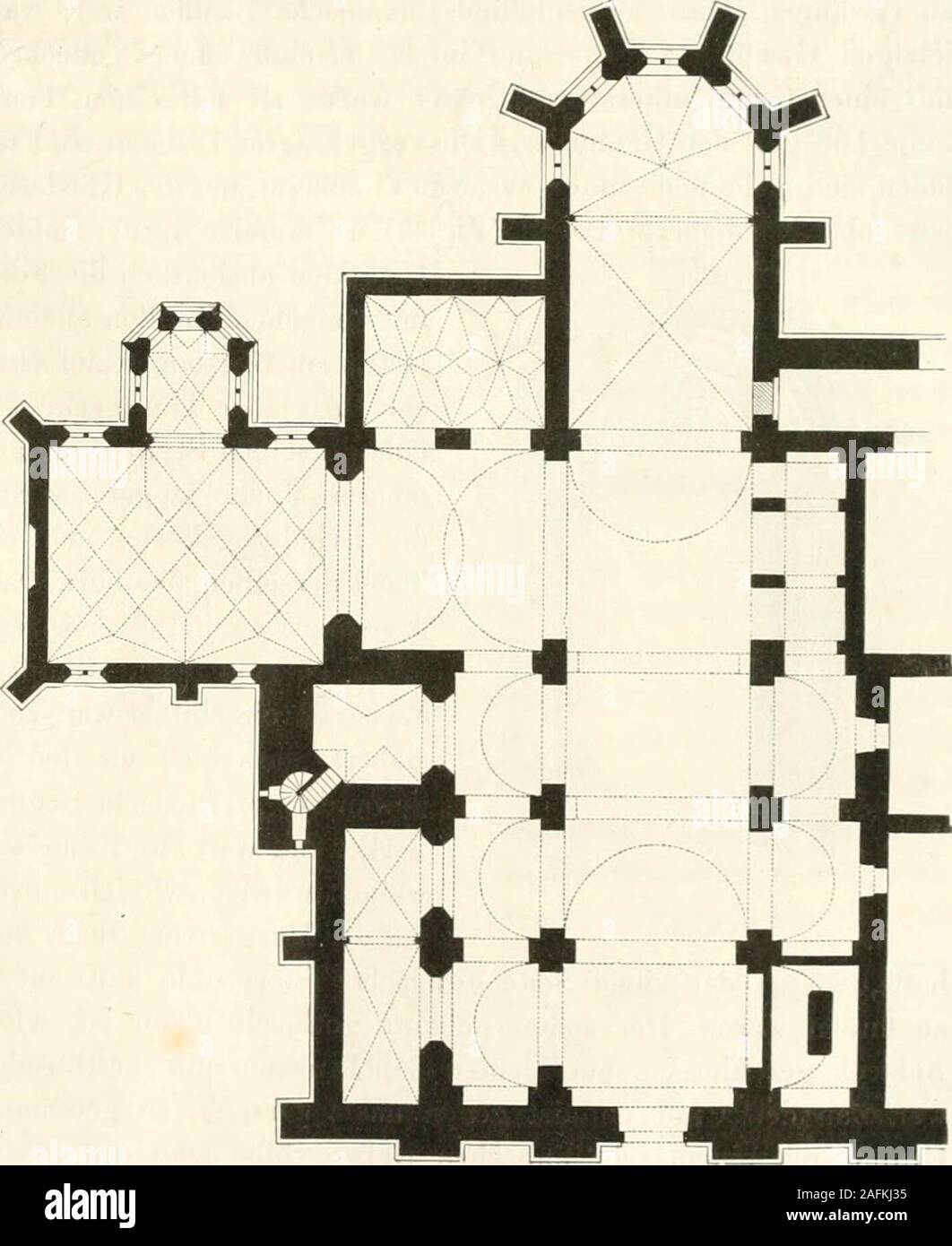 . Mittheilungen der K.K. Central-Commission zur Erforschung und Erhaltung der Baudenkmale. Fenster angehört. Eine kleinegothische Capelle mit dem Grab-maschio der Grottenek lehnt sichseitwärts un Thurm und Chor.Die Jenster haben ein einfachesMasswerk und das ist portale nurmit Rundstab und Hohlkehle pro-filirt. Der Orgelchor, un dieInnenpfeiler gelehnt, zieht sichvon diesen, in schiefem Winkelgegen die Mittelpartie zurück, woer zwei stumpfe bildet Ecken, anwelchen zwei Säulen als Gewölb-stützen stehen. Diese gewundenen spät-gothischen Säulenschäfte tragendie Segmentbogen des Orgel-chors und ruhen Foto Stock
