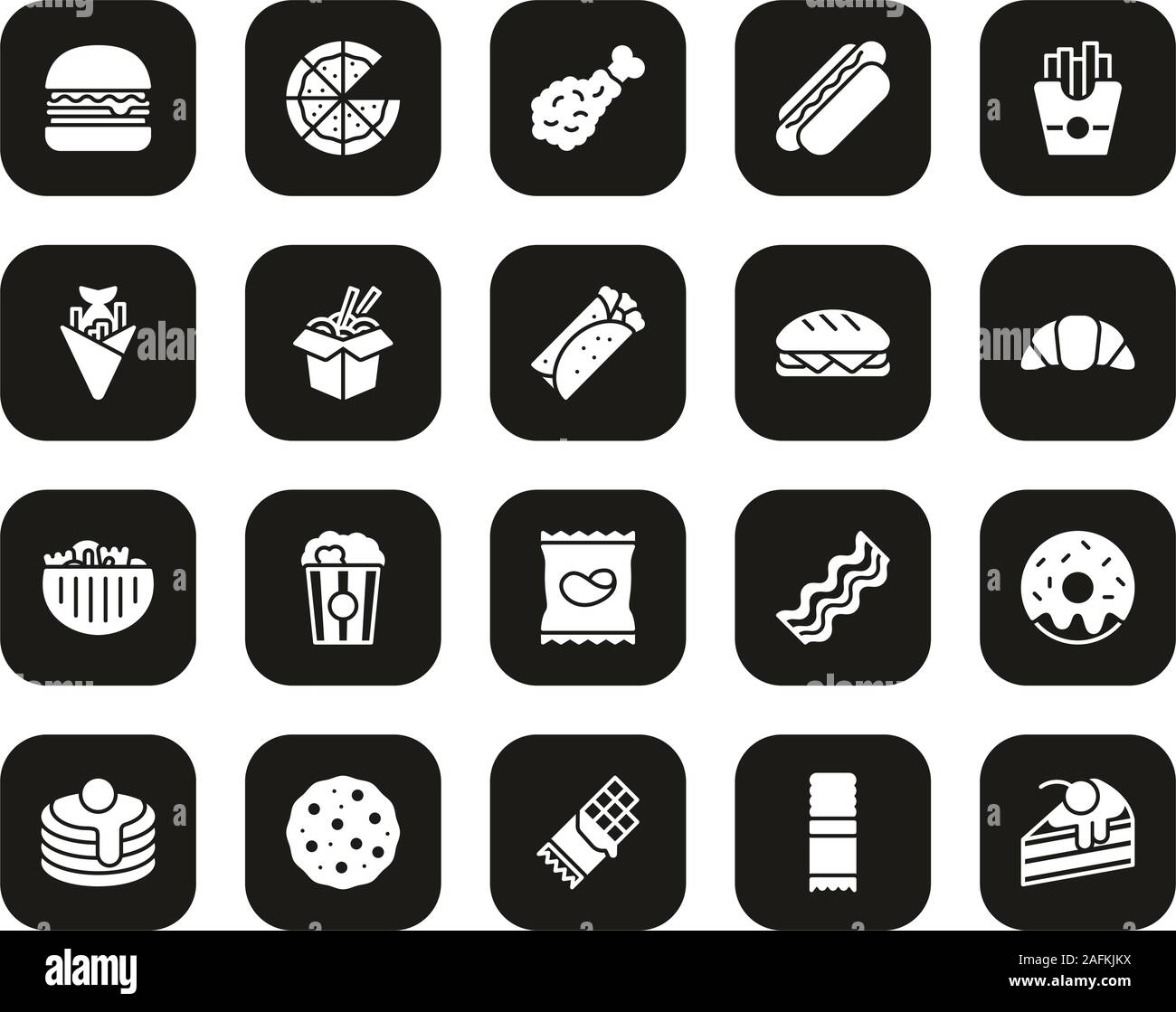 Fast Food o cibo spazzatura icone Bianco su nero Grande Set Illustrazione Vettoriale