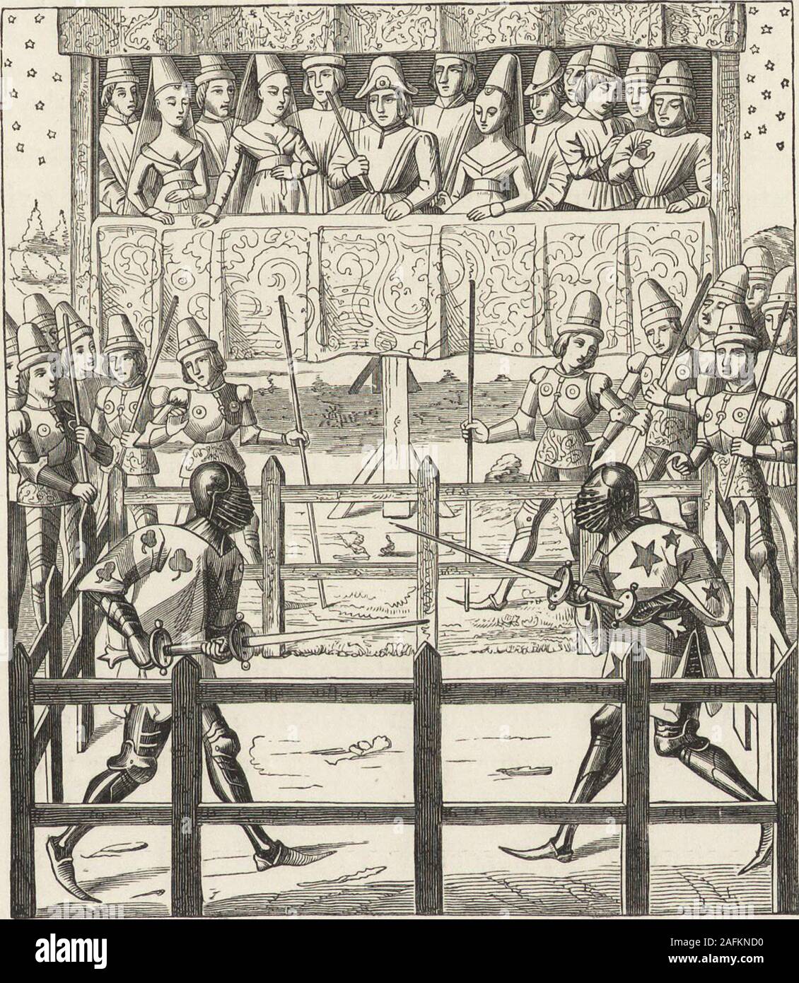 . Militare e la vita religiosa nel Medioevo e nel periodo del Rinascimento. r la loro custodia sicura e si legano, nel caso in cui il loro baileefailed per apparire al tempo stabilito, a subire le sanzioni attachedto il rinvio della legge che aveva reso necessario il ricorso alle armi. Thiswas denominata vive il carcere. Il giorno fissato per la lotta contro i due avversari, accompagnato bytheir secondi e da un sacerdote, apparso in elenchi montato e armata a allpoints, le loro armi nelle loro mani, le loro spade e pugnali cinto su.Si inginocchiarono di fronte uno all'altro con le loro mani Foto Stock