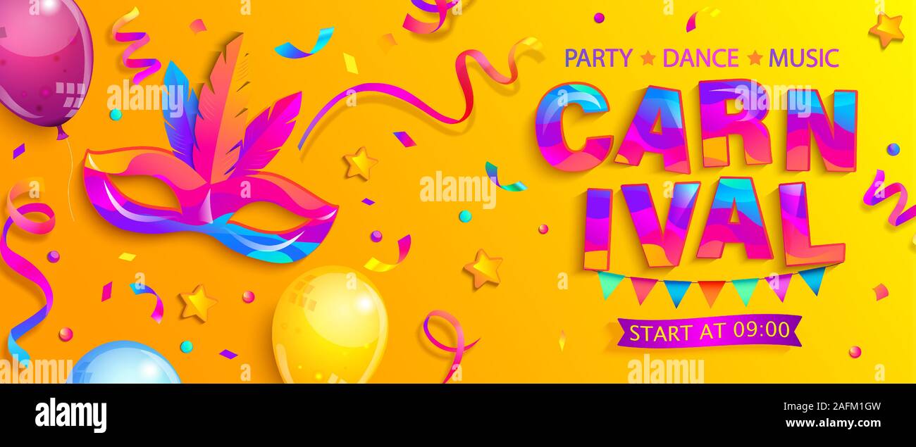 Banner per la festa di carnevale: maschera,coriandoli,palloncini. Illustrazione Vettoriale